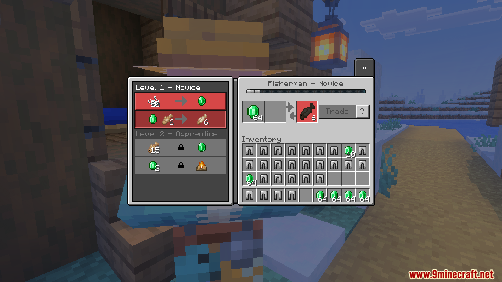 Infinite Trade Plus Addon fisherman villager trading interface showing emeralds for cooked cod