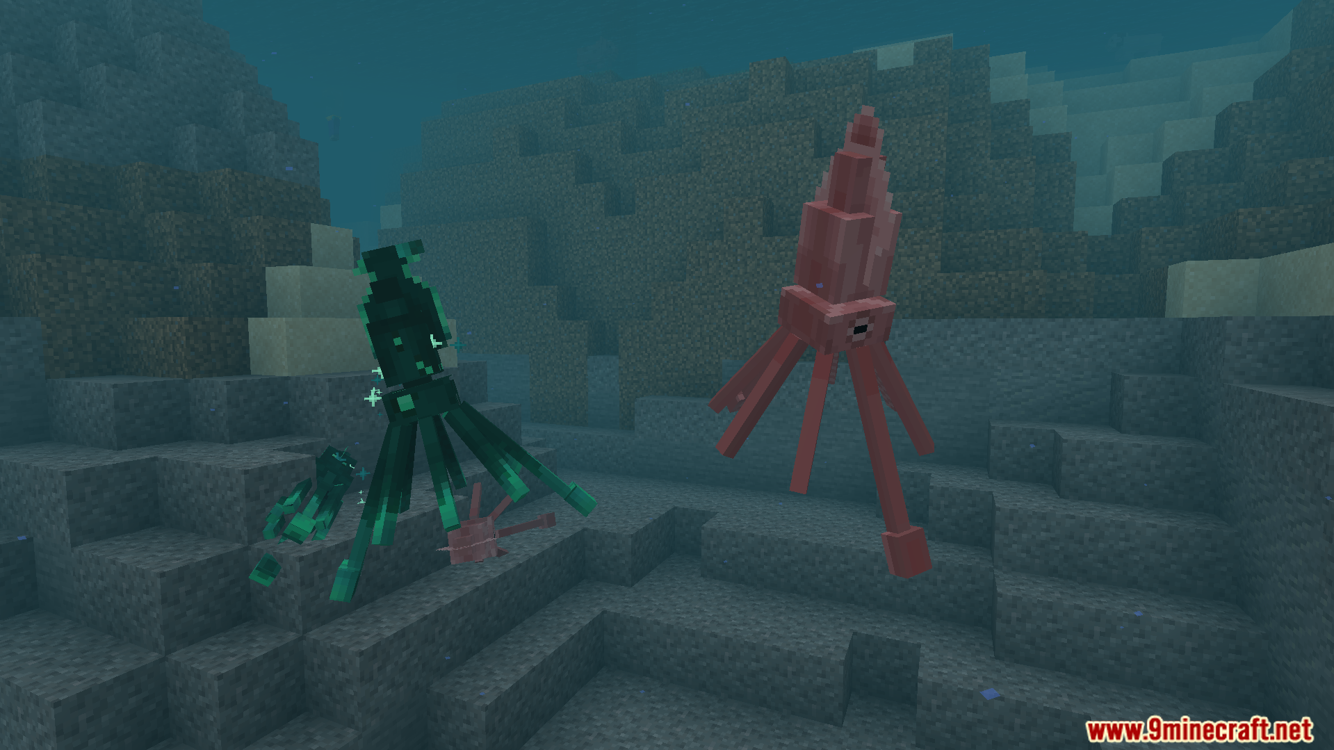JellyJams Texture Pack Screenshot 7 Glow squid and pink squid swimming together in the deep blue ocean water