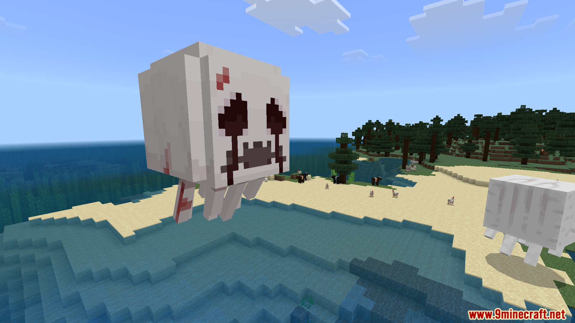 JellyJams Texture Pack Screenshot 8 Scary ghast with red tears and a glowing mouth floating above the beach