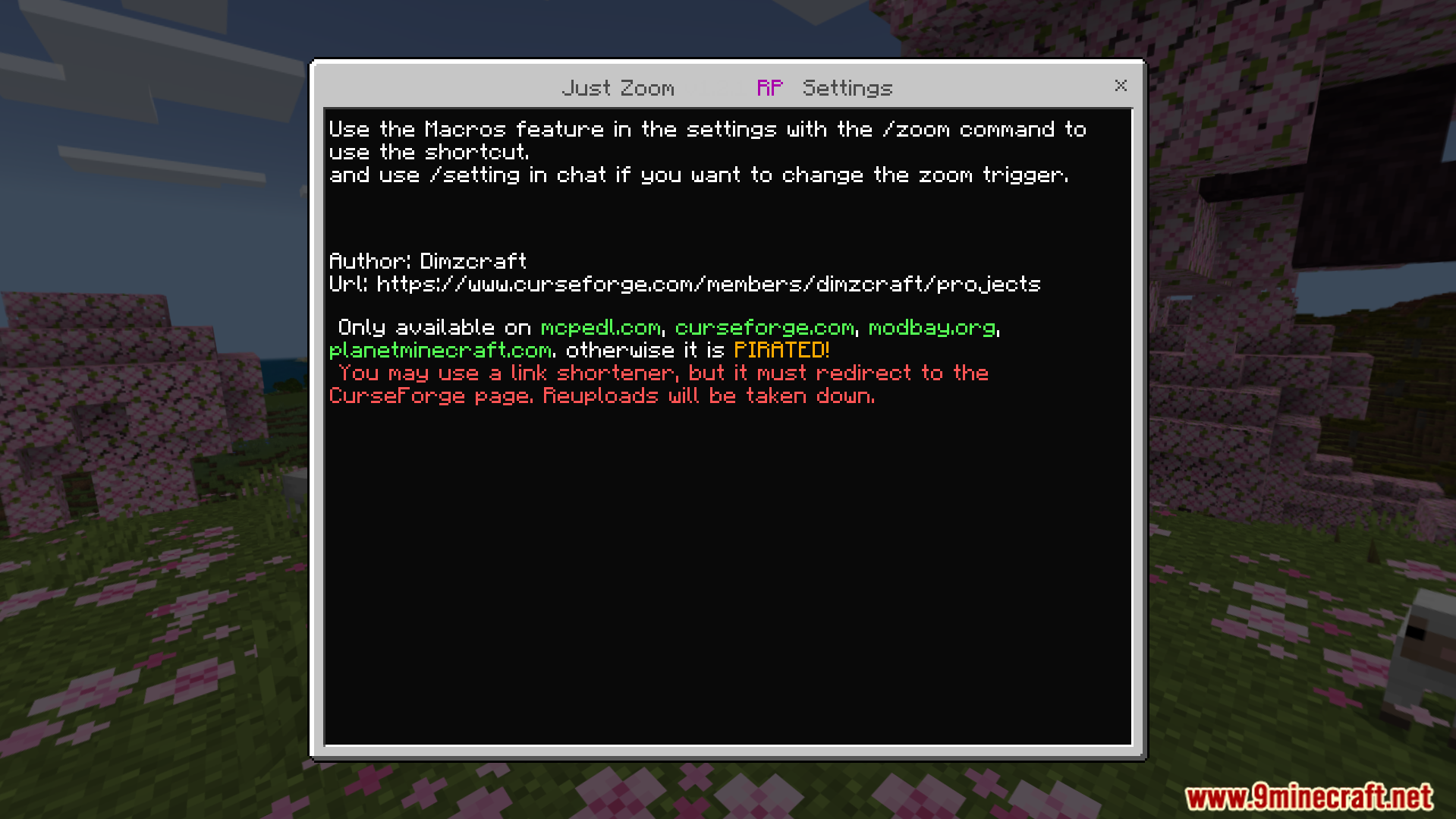 Settings menu for Just Zoom addon showing author and usage instructions