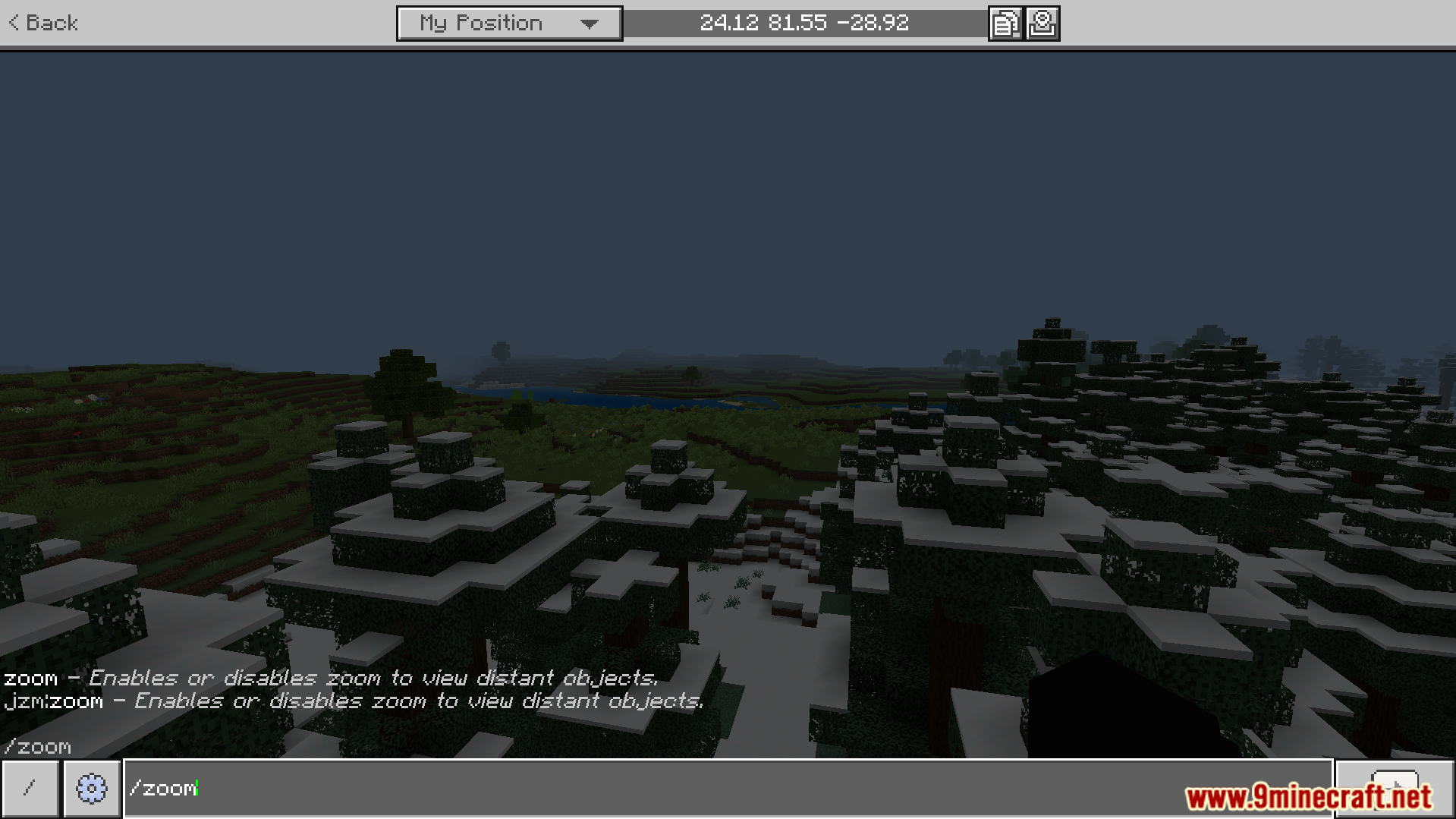 Player typing zoom command in chat to view distant objects