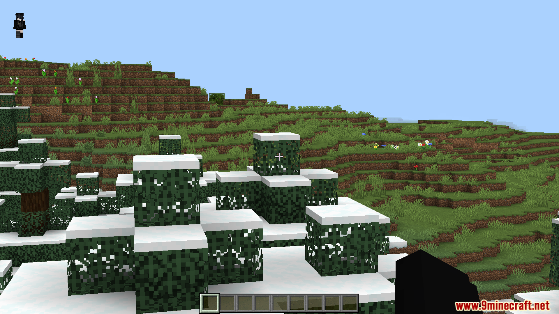Snow covered leaves on a grassy hill in a Minecraft world