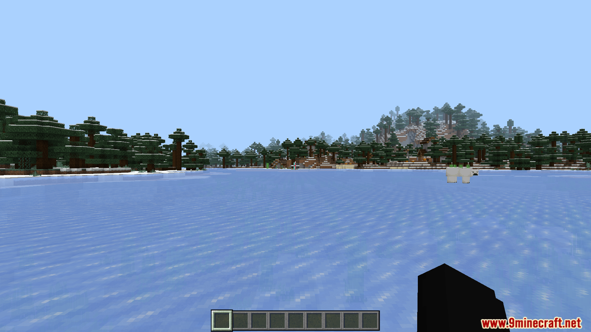 A frozen lake surrounded by snowy trees in a winter biome
