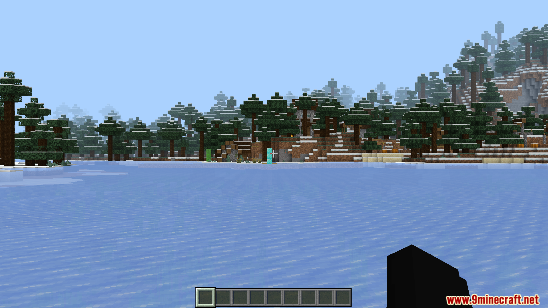 Player looking far away at a snowy landscape without a spyglass