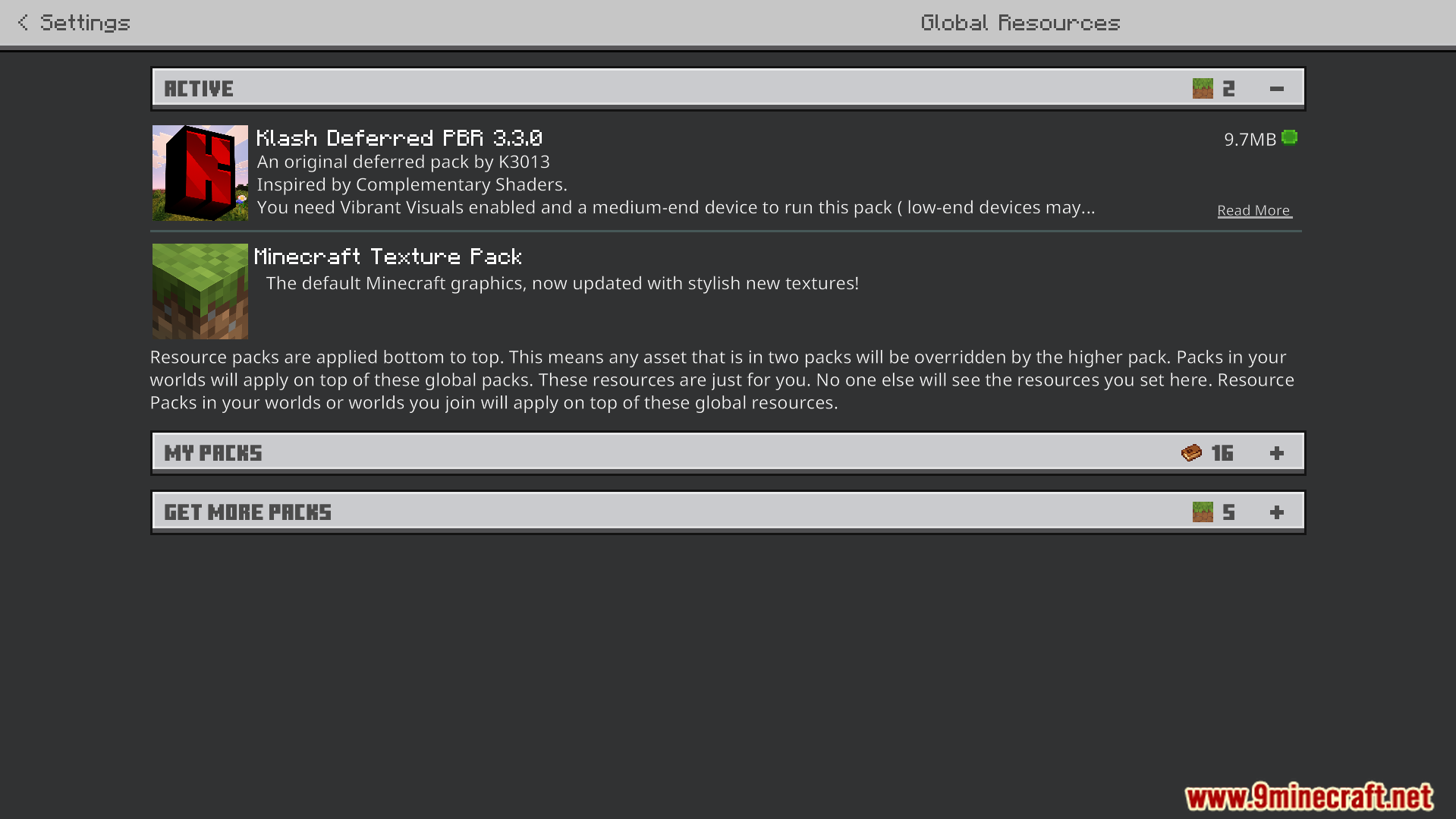 global resources menu showing the active klash deferred pbr texture pack