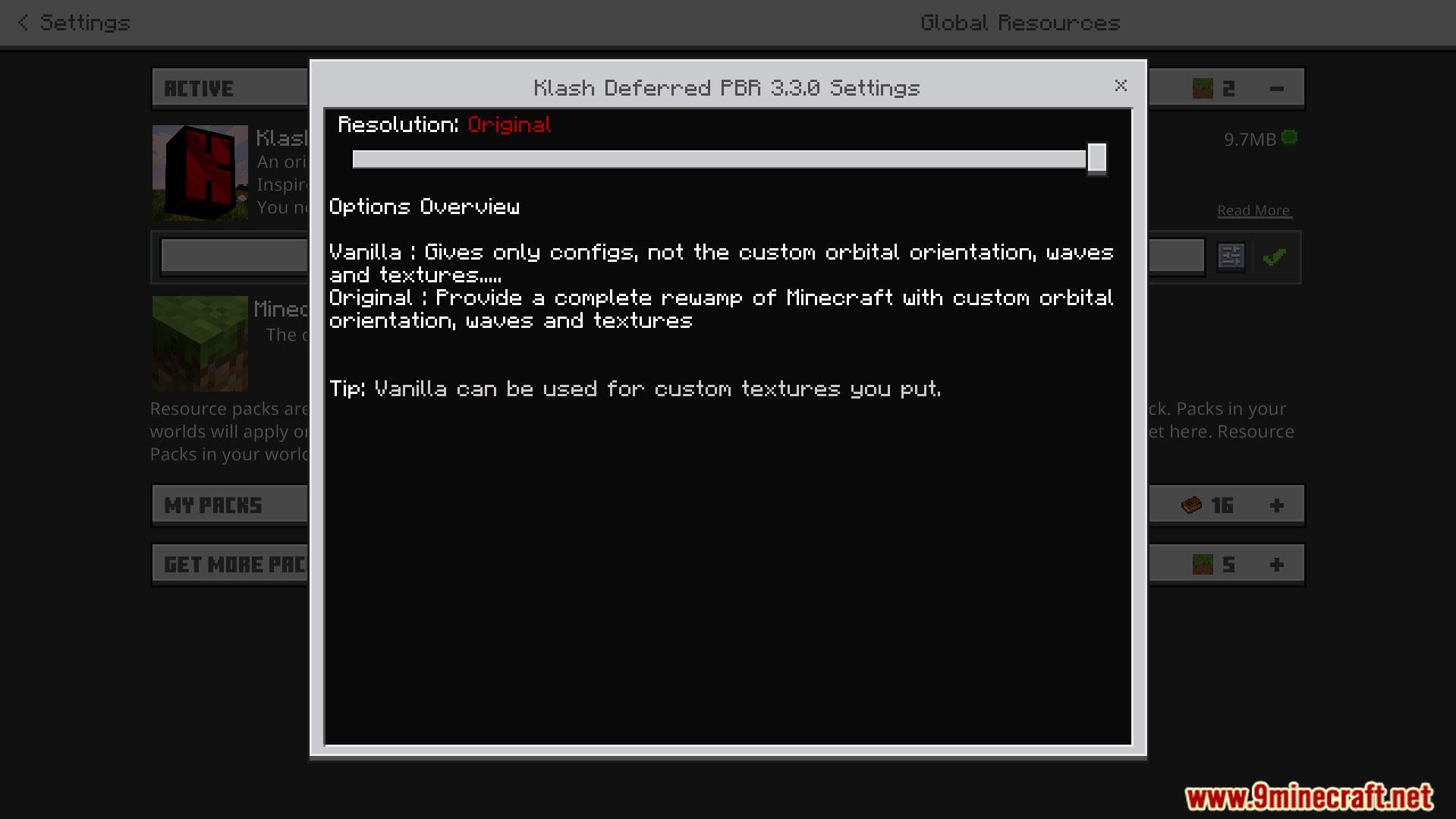 settings popup window displaying resolution slider and options overview text