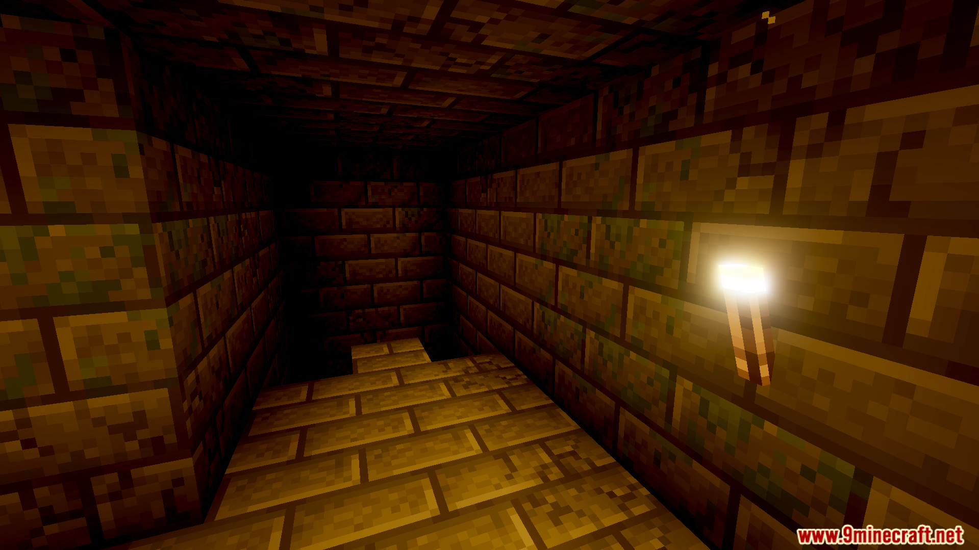 Dark stone brick corridor illuminated by a single torch on the wall