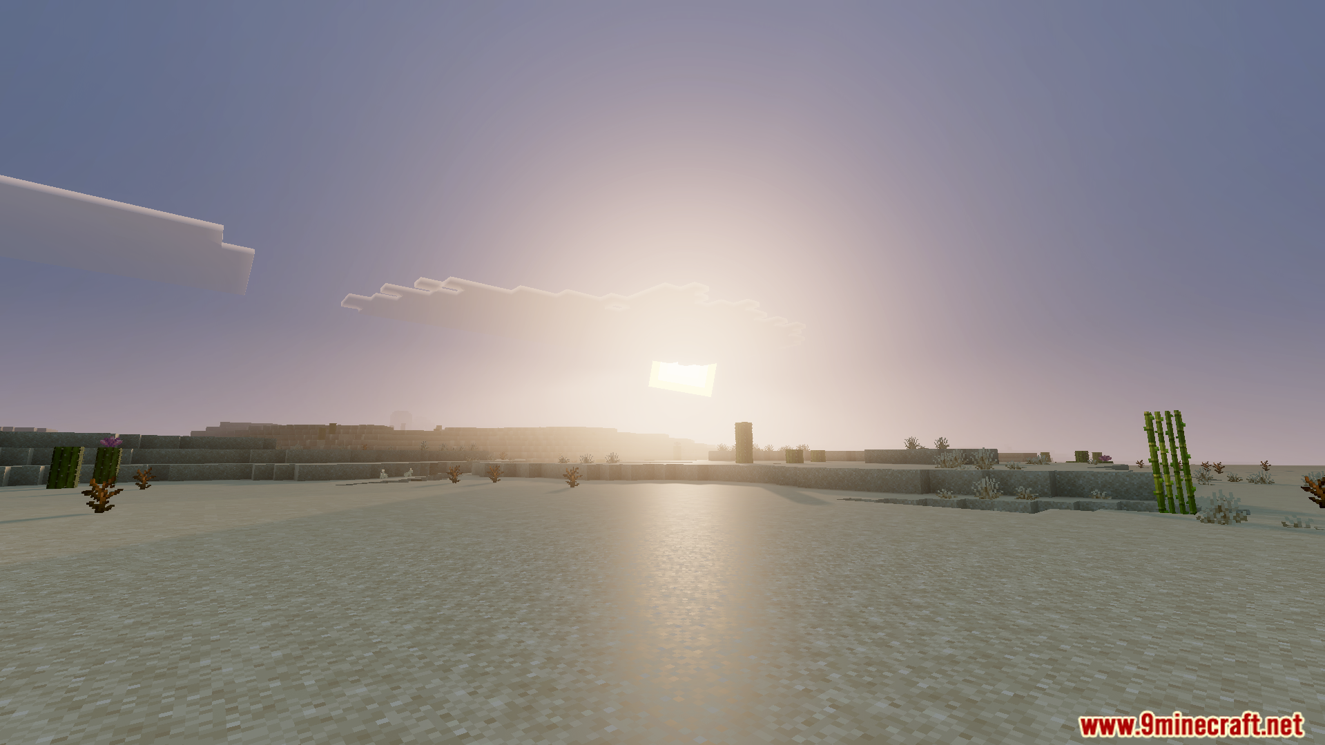 Bright sun setting over a sandy desert landscape with scattered vegetation