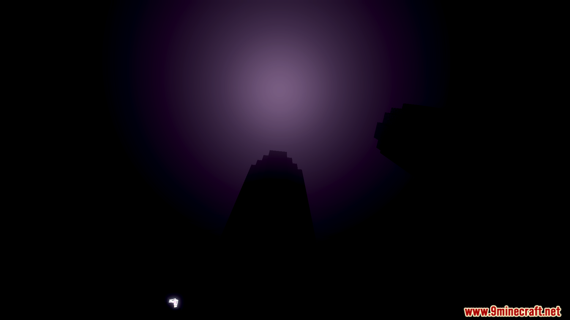 A dark scene with a purple glowing light source in the sky