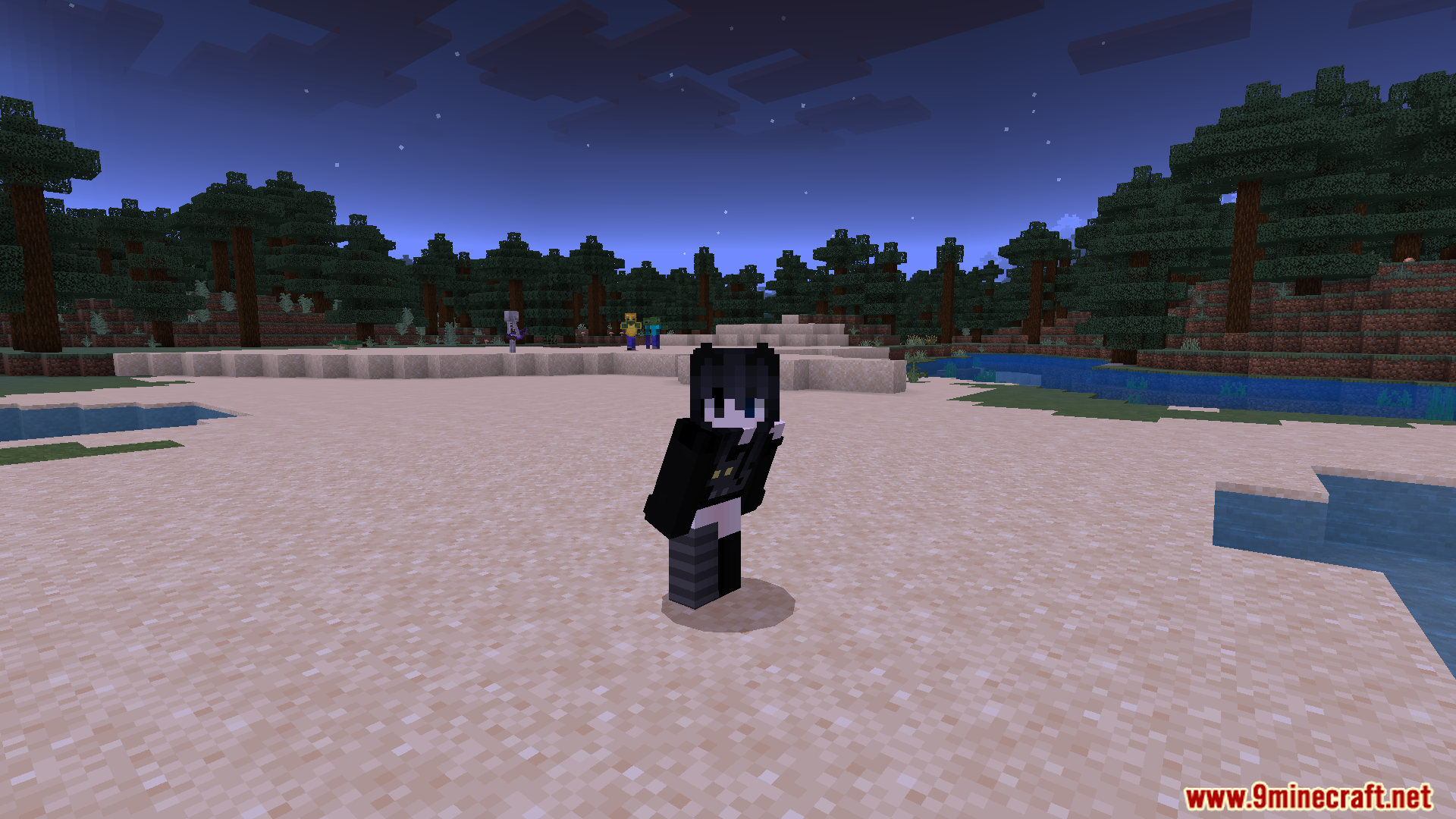 Player character sneaking on a sandy beach at night with clear visibility