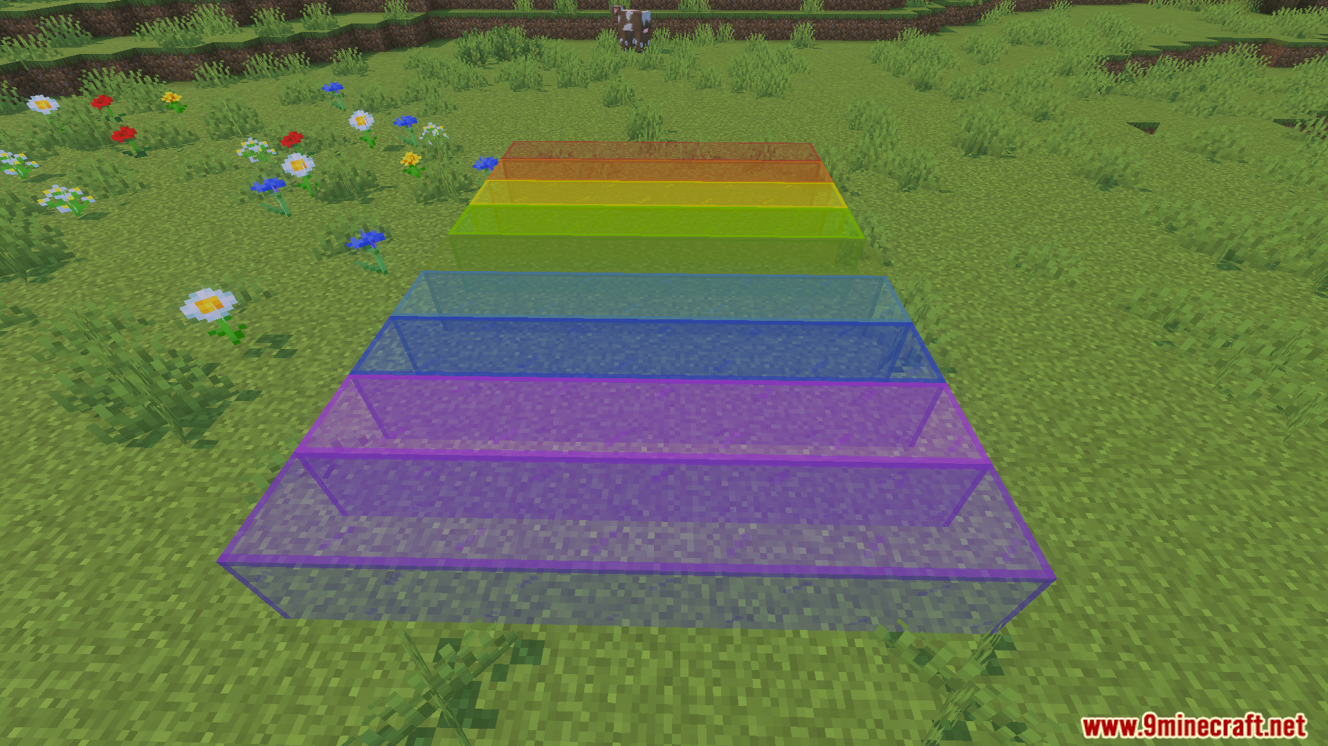 KwZs Connected Glass Addon Screenshot 7 KwZs Connected Glass Addon displays seamless colored glass blocks on a grassy field