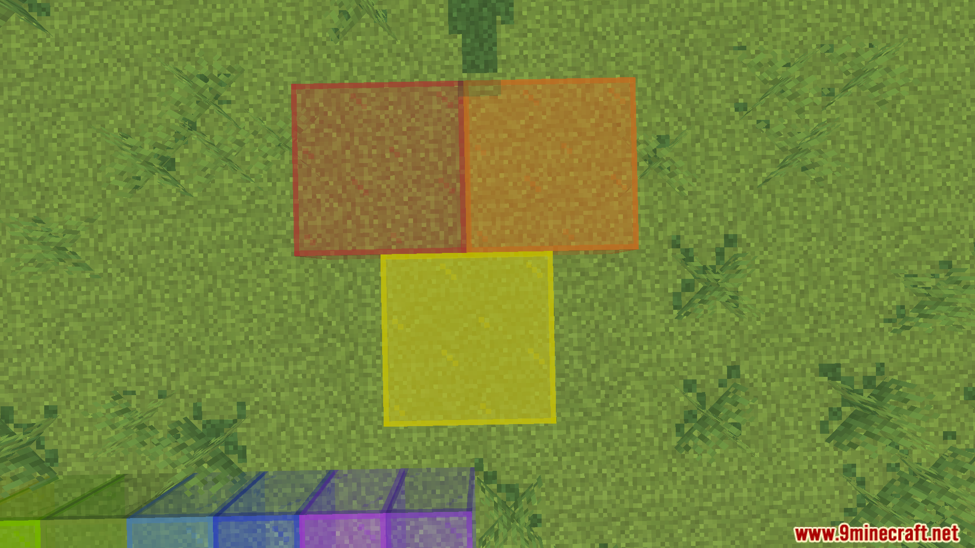 KwZs Connected Glass Addon Screenshot 8 Top down view of red orange and yellow connected glass blocks on grass