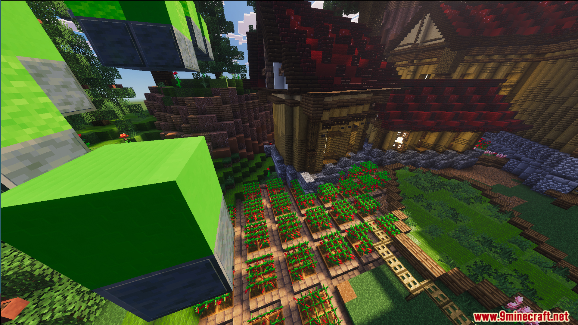 Law Fighting Simulator Bedrock Edition by Aquario Map Screenshot 1 Overhead view of a farm area with red crops and green parkour blocks