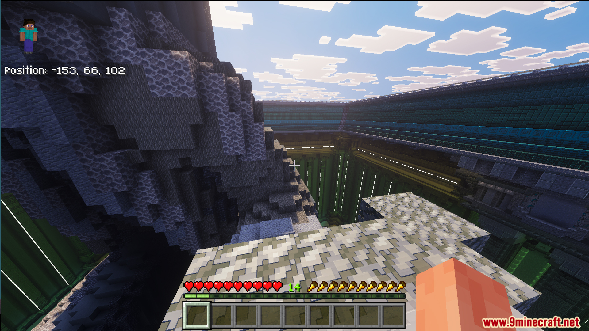 Law Fighting Simulator Bedrock Edition by Aquario Map Screenshot 6 First person view of a large combat arena with stone mountains and walls