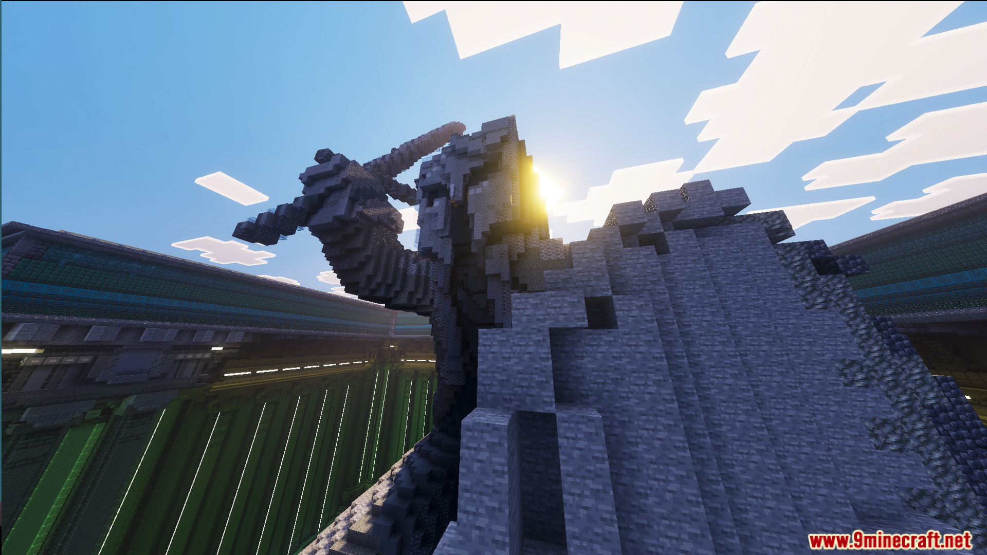 Law Fighting Simulator Bedrock Edition by Aquario Map Screenshot 9 Grand lobby of Law fighting simulator featuring a large stone warrior statue