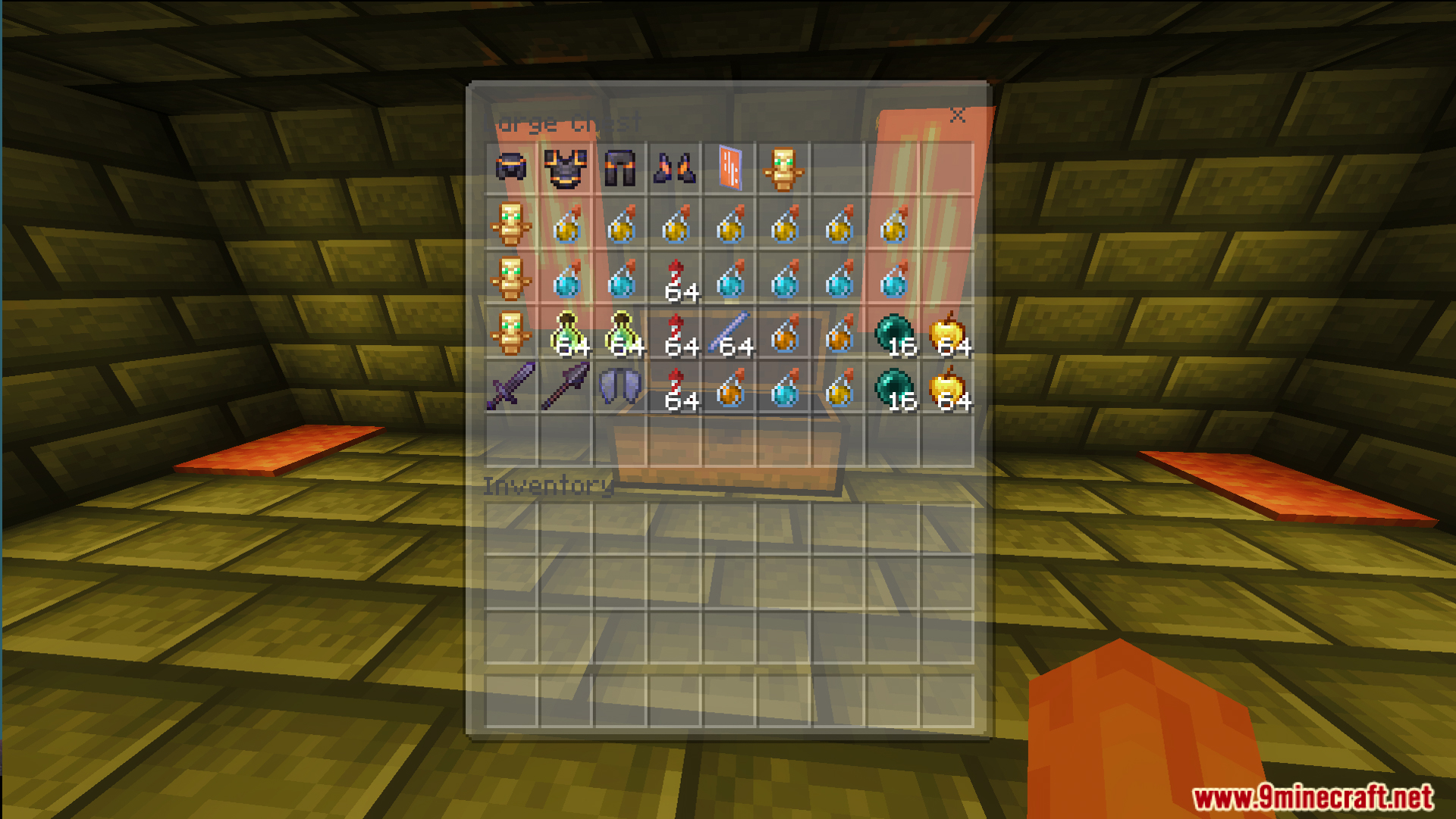 Law Fighting Simulator Bedrock Edition by Aquario Map Screenshot 10 Chest interface filled with netherite armor totems of undying and custom combat weapons