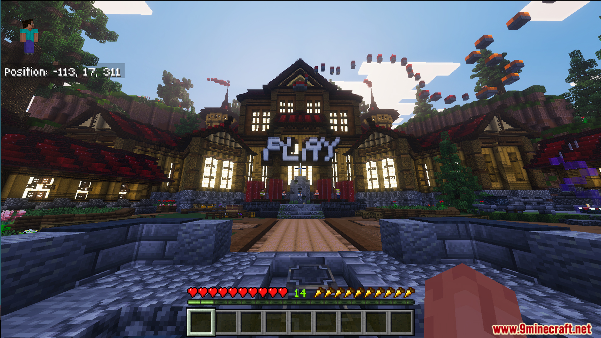 Law Fighting Simulator Bedrock Edition by Aquario Map Screenshot 11 Grand lobby with a large play sign and floating parkour blocks for players