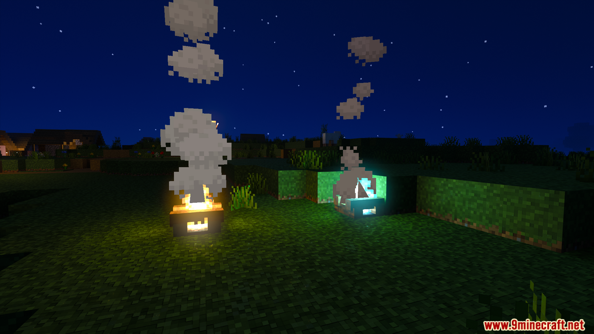 Light Path RTX Texture Pack Screenshot 7 Campfires with special lighting details and glowing effects at night
