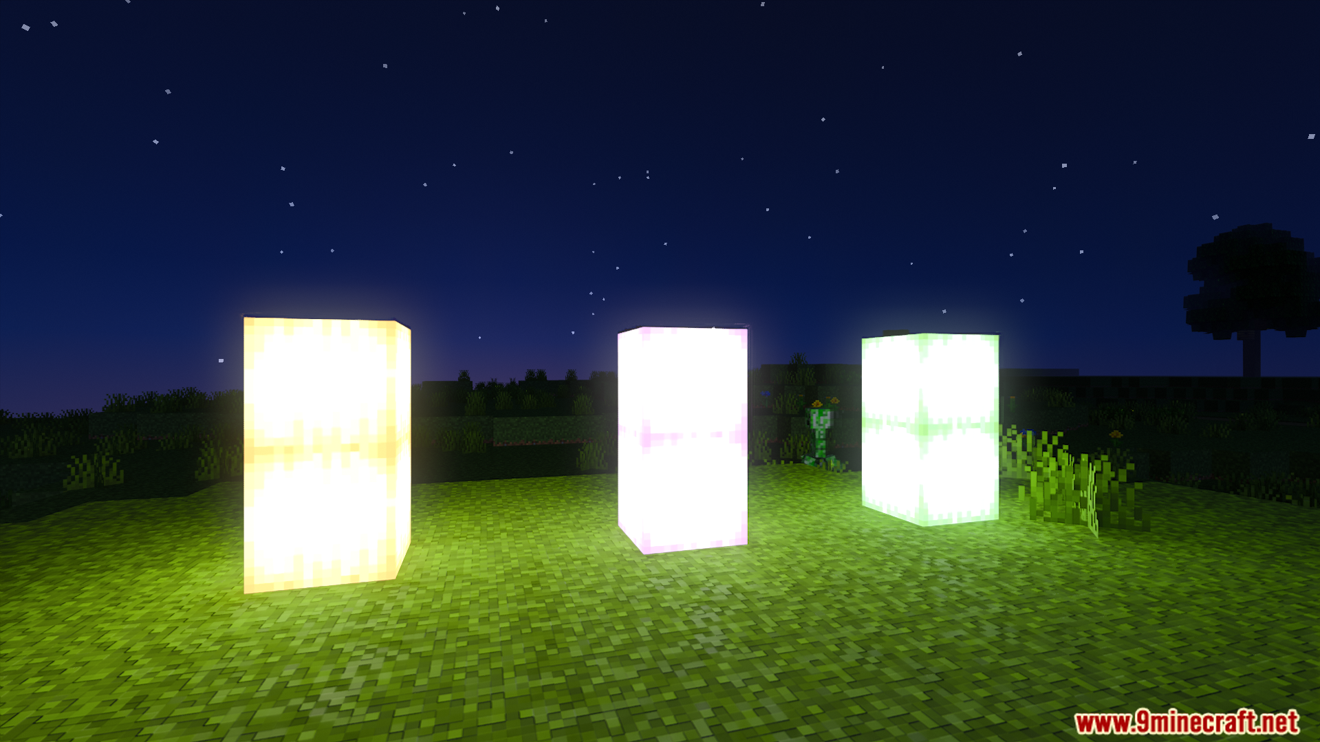 Light Path RTX Texture Pack Screenshot 5 Glowing blocks illuminate the grassy field with beautiful ray tracing effects