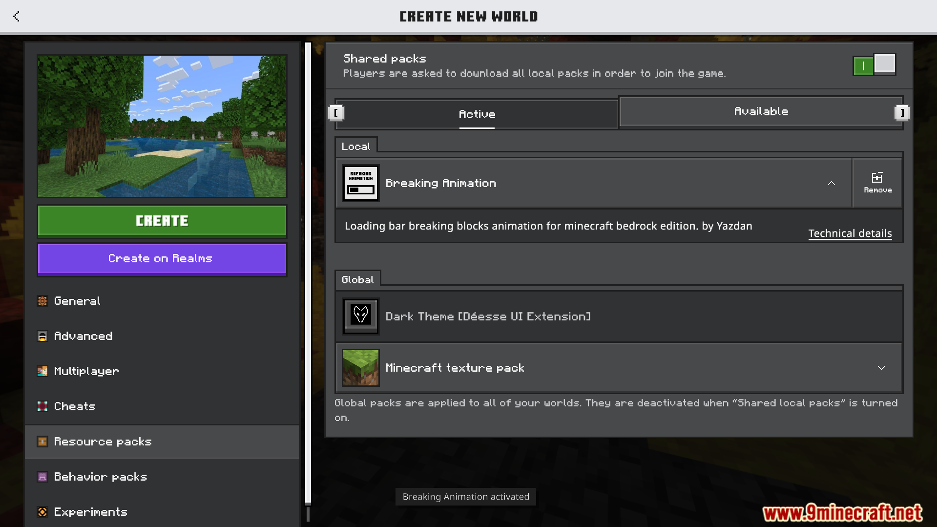 Loading Block Breaking Animation Texture Pack Screenshot 1 Minecraft world creation screen with the Breaking Animation resource pack active in settings
