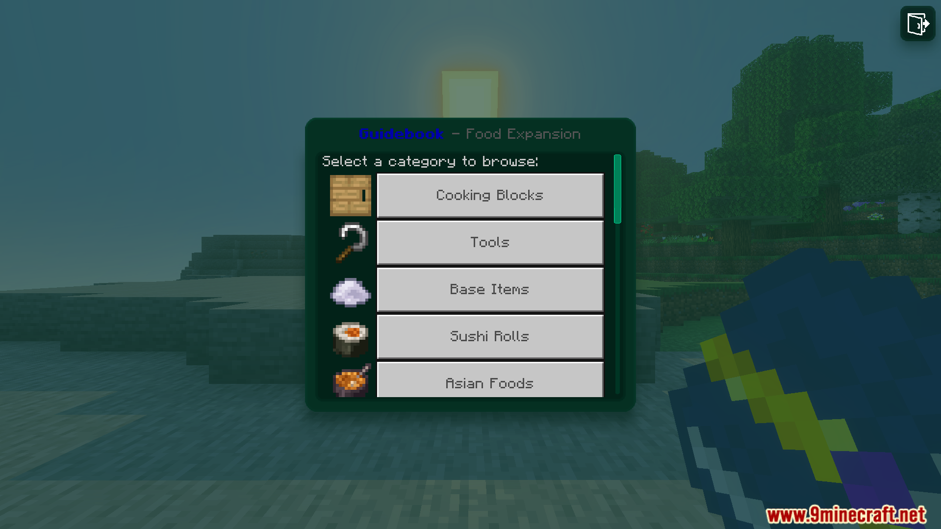 Player opens the helpful guidebook to browse different food expansion categories
