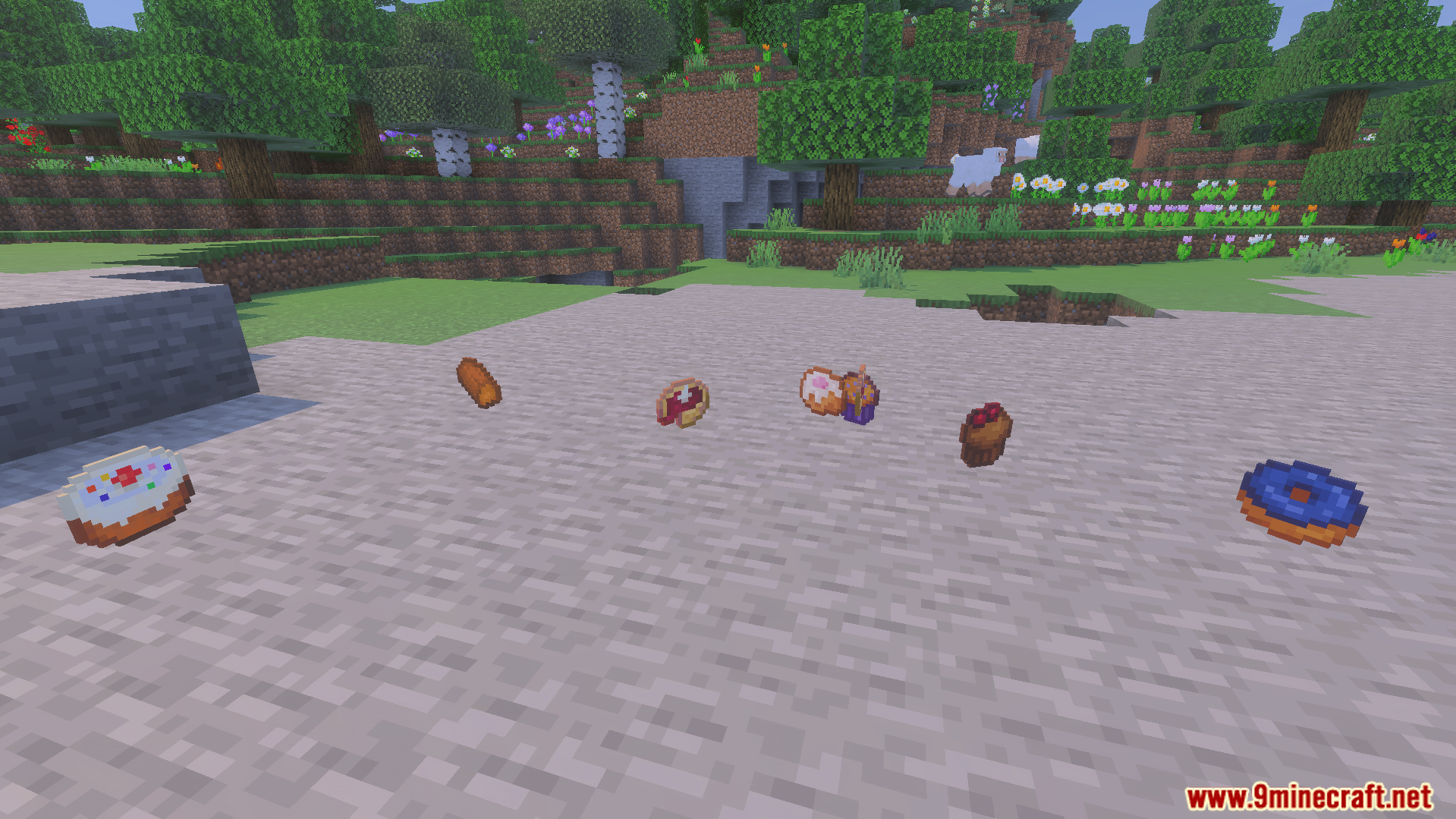 Various new food items like donuts and cupcakes dropped on the ground