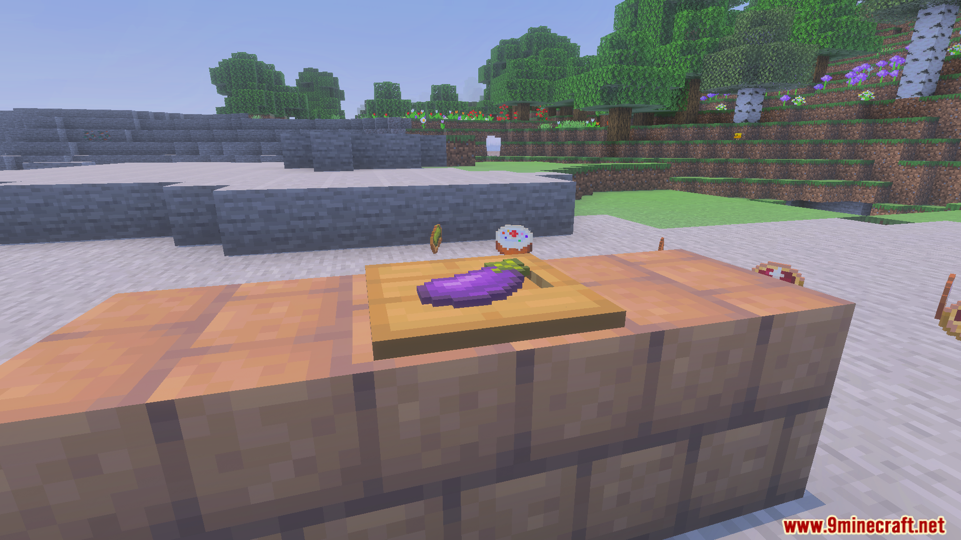 purple eggplant placed on a wooden cutting board block ready to be prepared