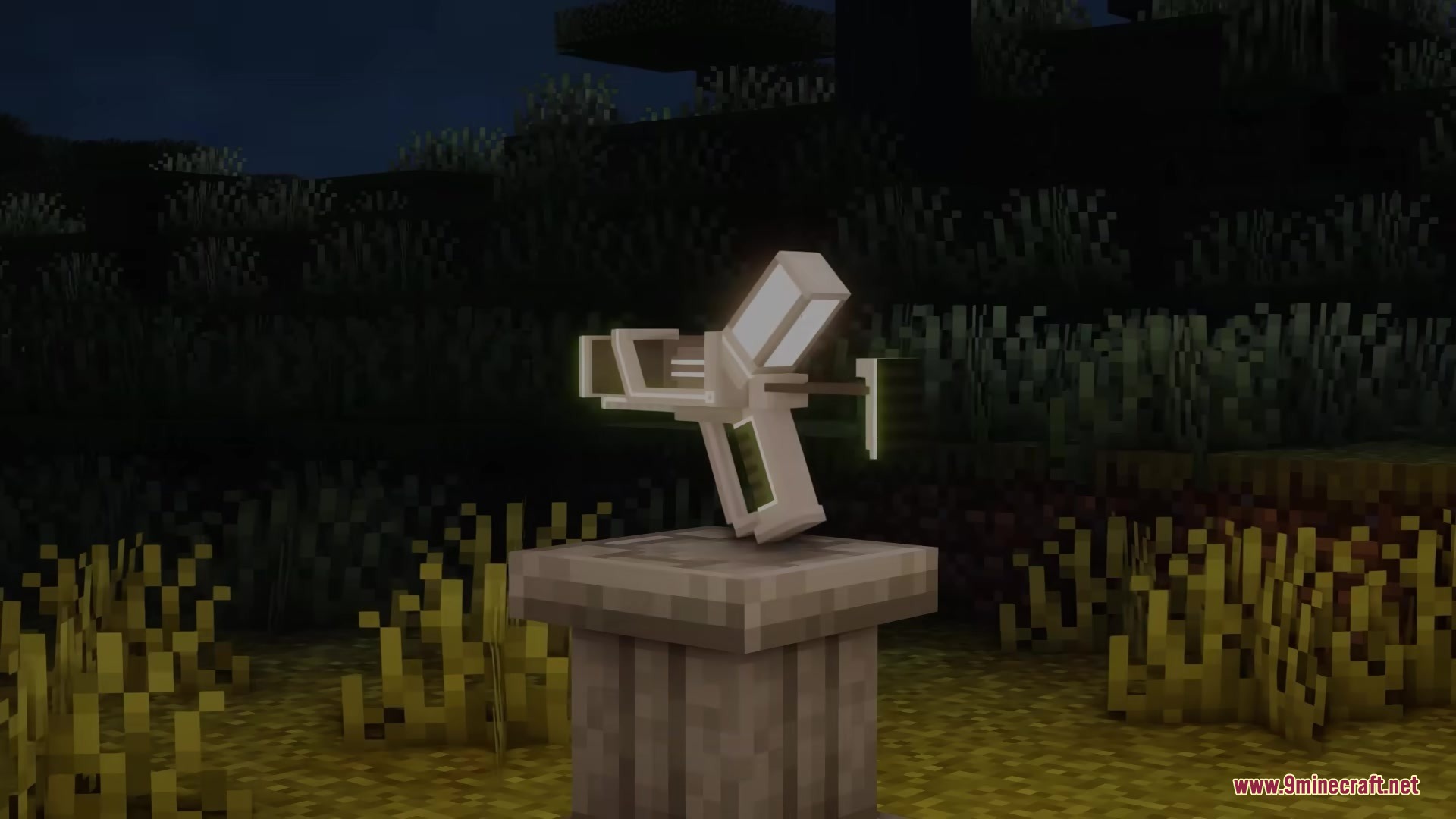 LTX Industries Mod Screenshot 1 A futuristic white and lime green gun sits on a stone pedestal at night