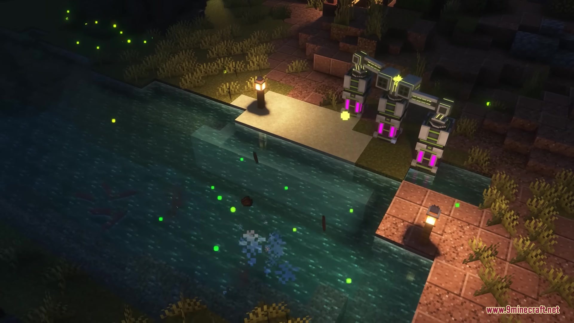 LTX Industries Mod Screenshot 6 Modular sci fi machines with glowing green lights placed near a dark pond
