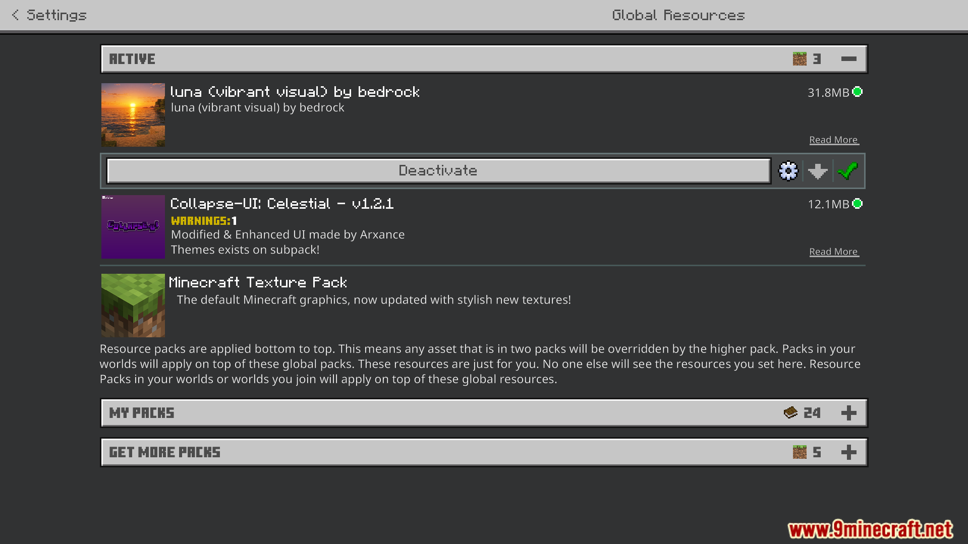 Settings menu showing active resource packs including Luna Vibrant Visual
