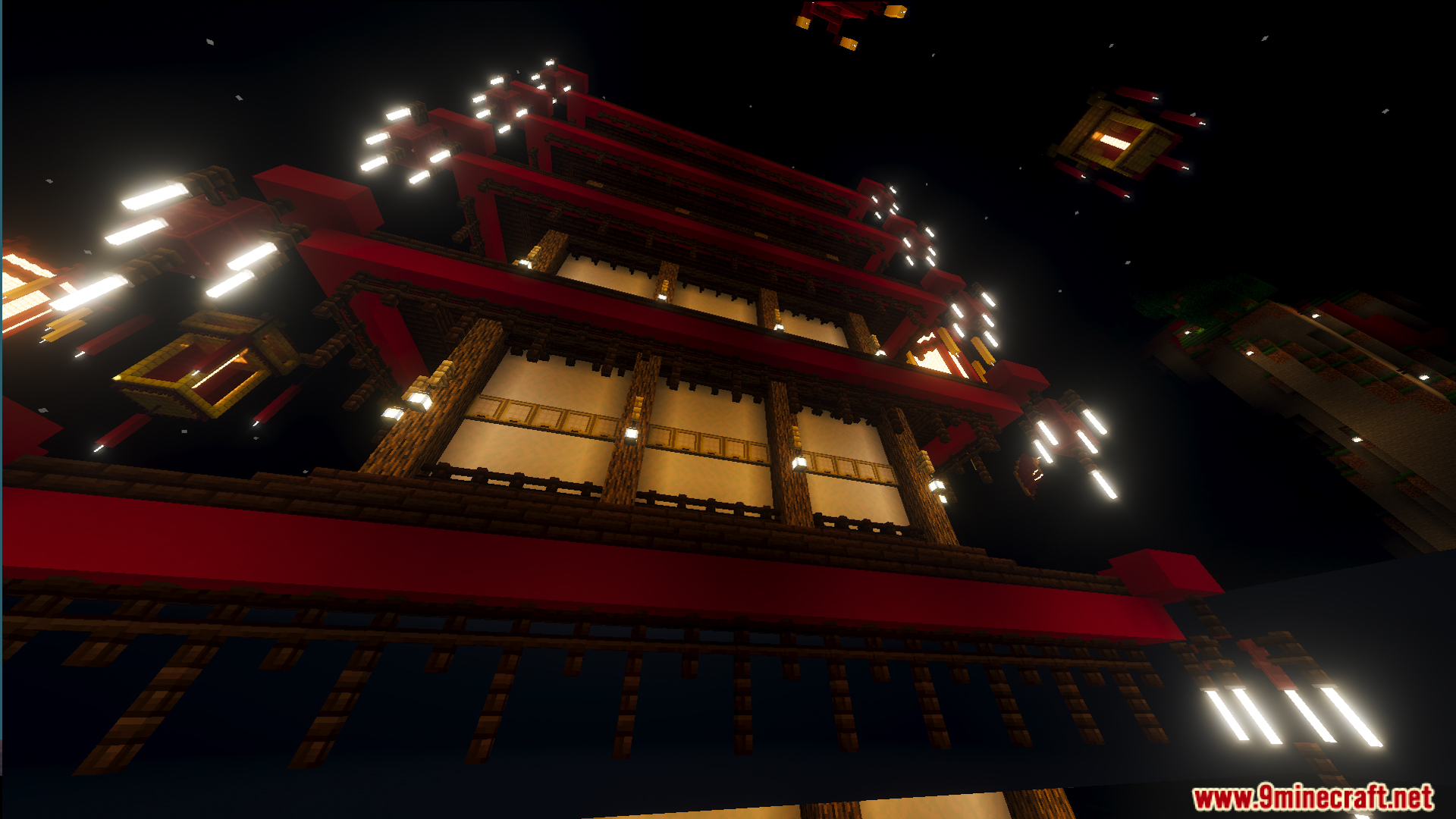 Lunar Festival Hunt Map Screenshot 2 Tall red and white pagoda building illuminated against the night sky