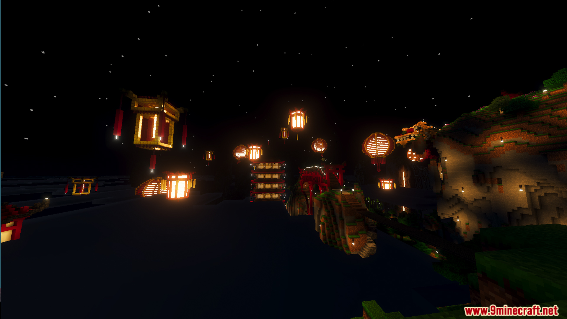 Lunar Festival Hunt Map Screenshot 5 Glowing lanterns float above traditional buildings in the Lunar Festival Hunt Map