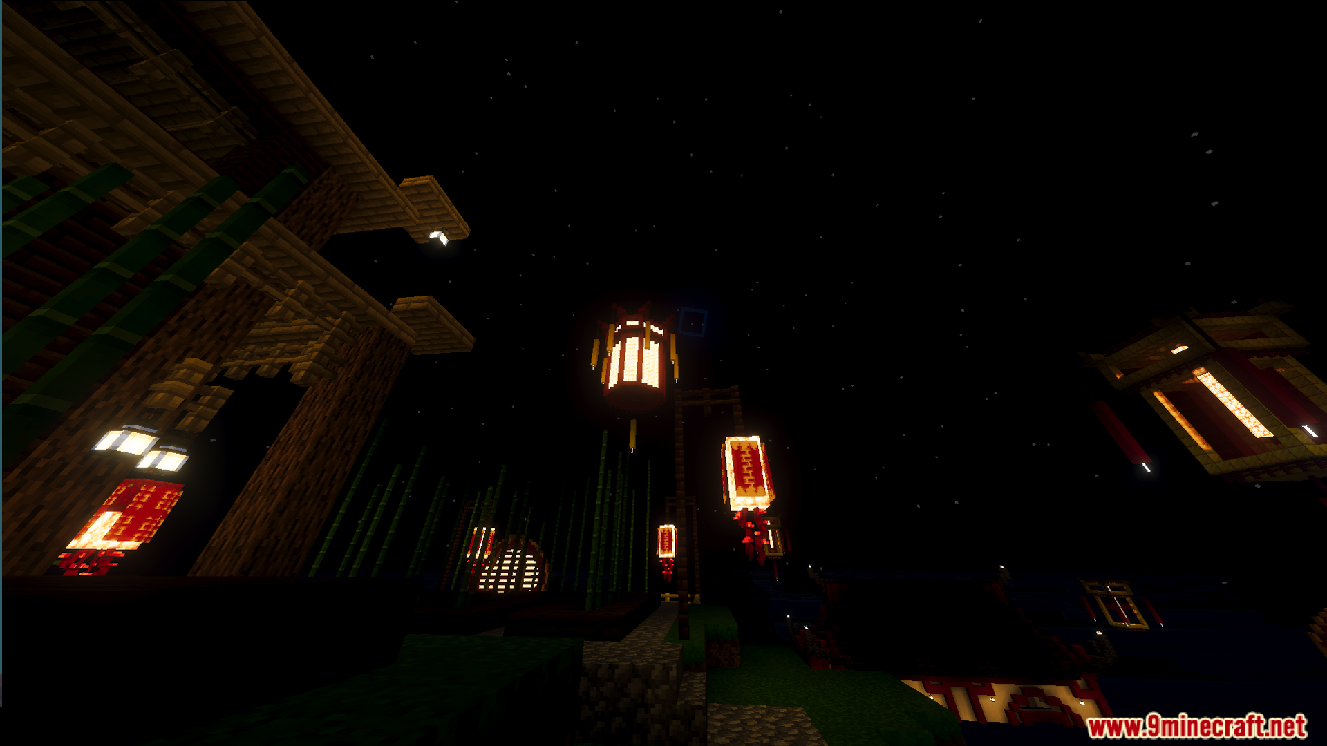 Lunar Festival Hunt Map Screenshot 6 Decorative lanterns illuminate bamboo and wooden structures during the lunar celebration