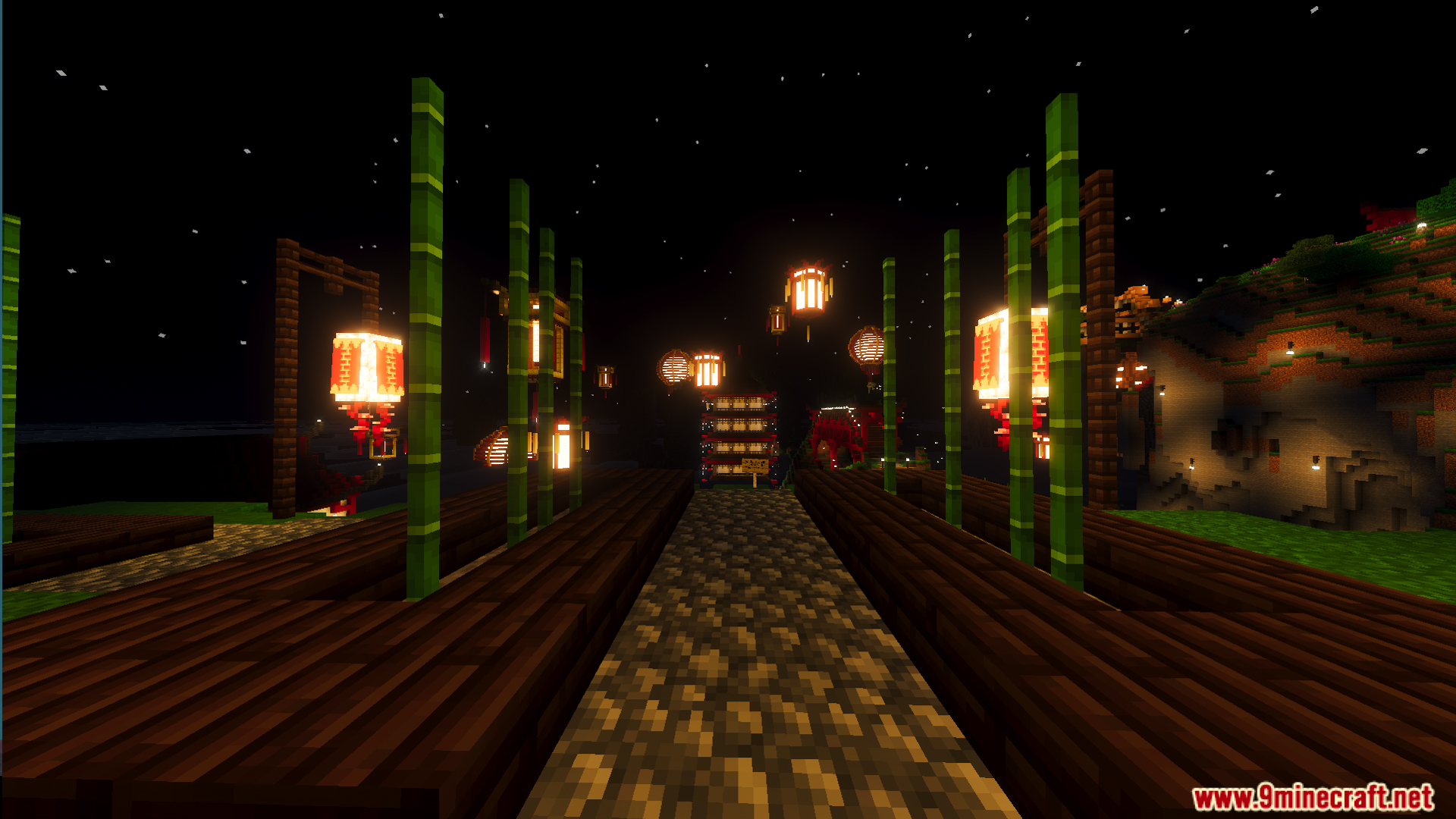 Lunar Festival Hunt Map Screenshot 7 Nighttime path lined with bamboo and glowing lanterns in a festive area
