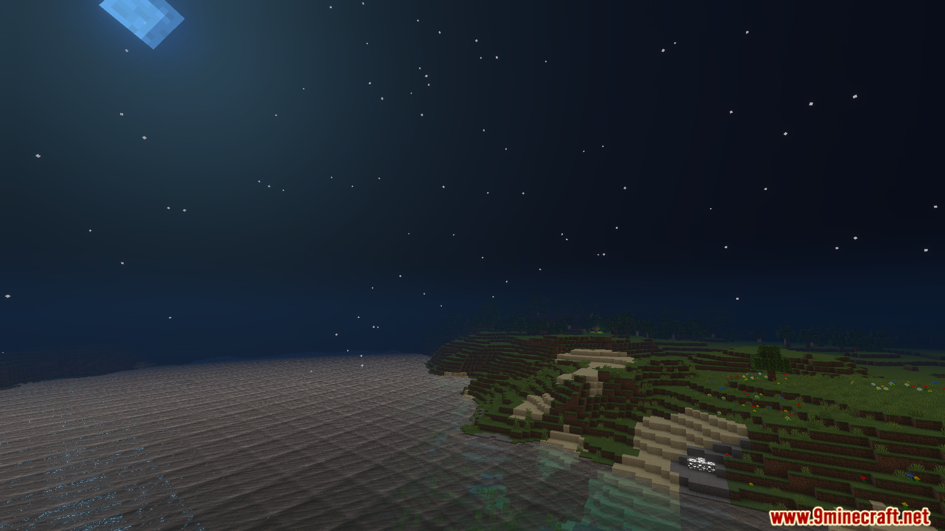 Luvid Visual Refined Texture Pack Screenshot 2 Beautiful night sky with stars and clear water along a grassy Minecraft shoreline