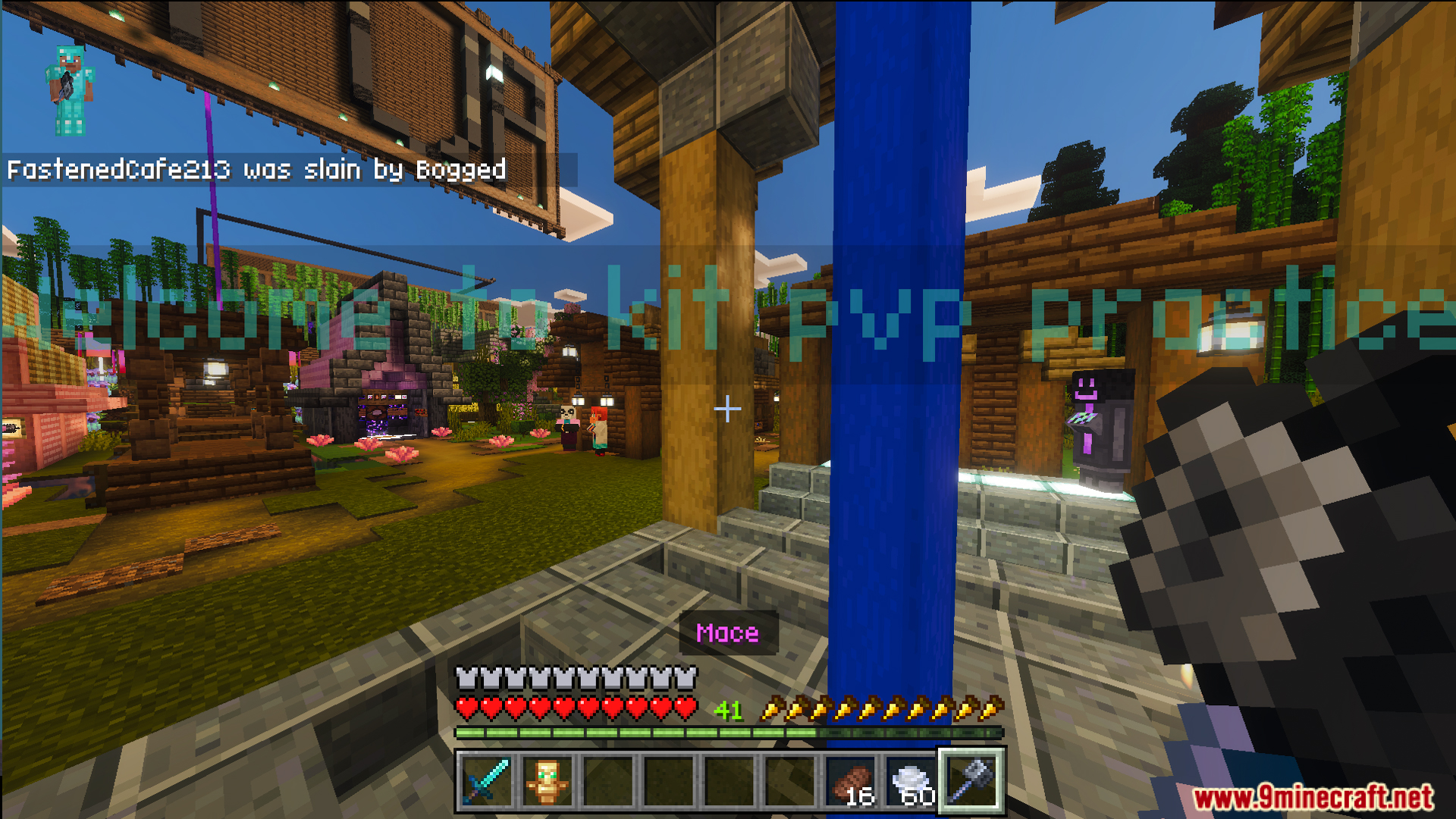 Welcome message displayed on screen while holding a mace in the lobby
