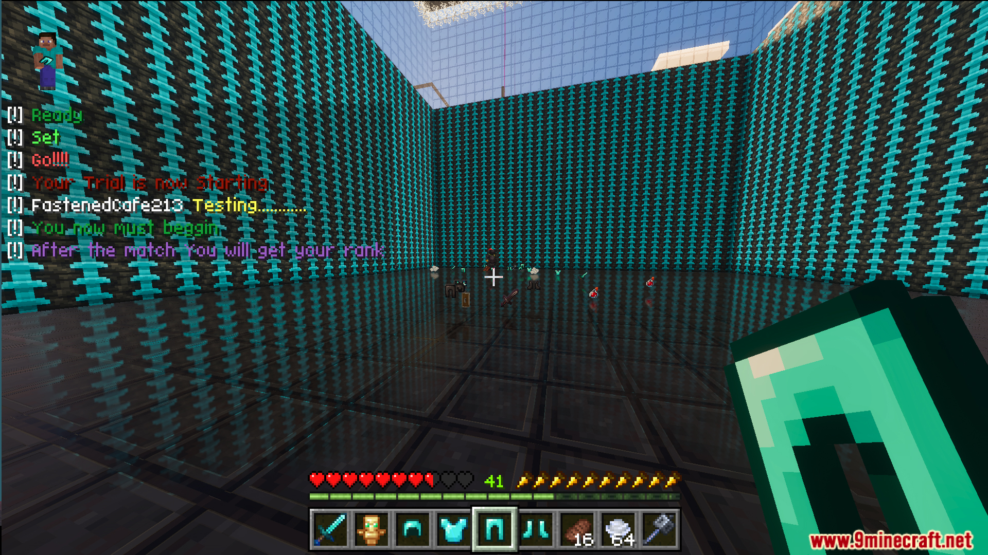 Player standing in a diamond block arena ready to start combat practice