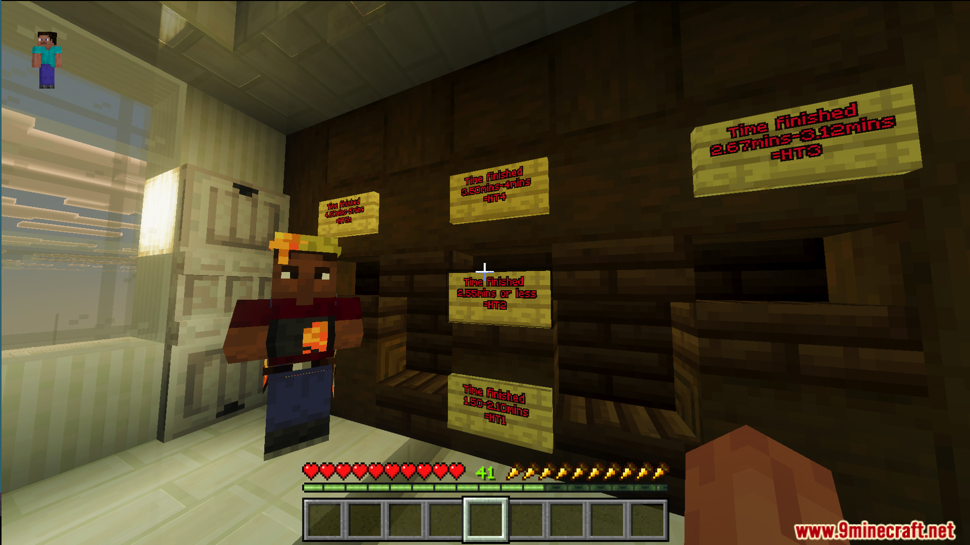 Player standing near signs showing completion times to train combat skills