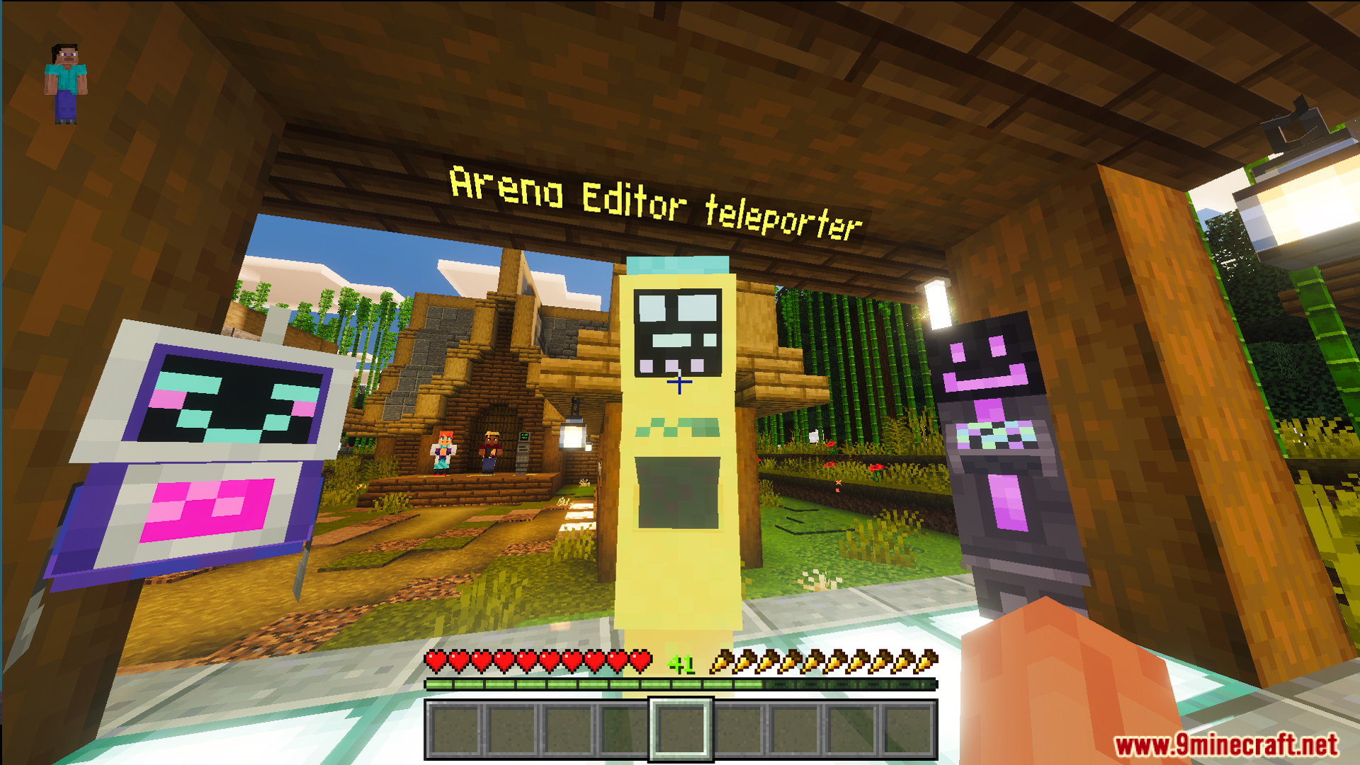First person view of an arena editor teleporter machine inside a building