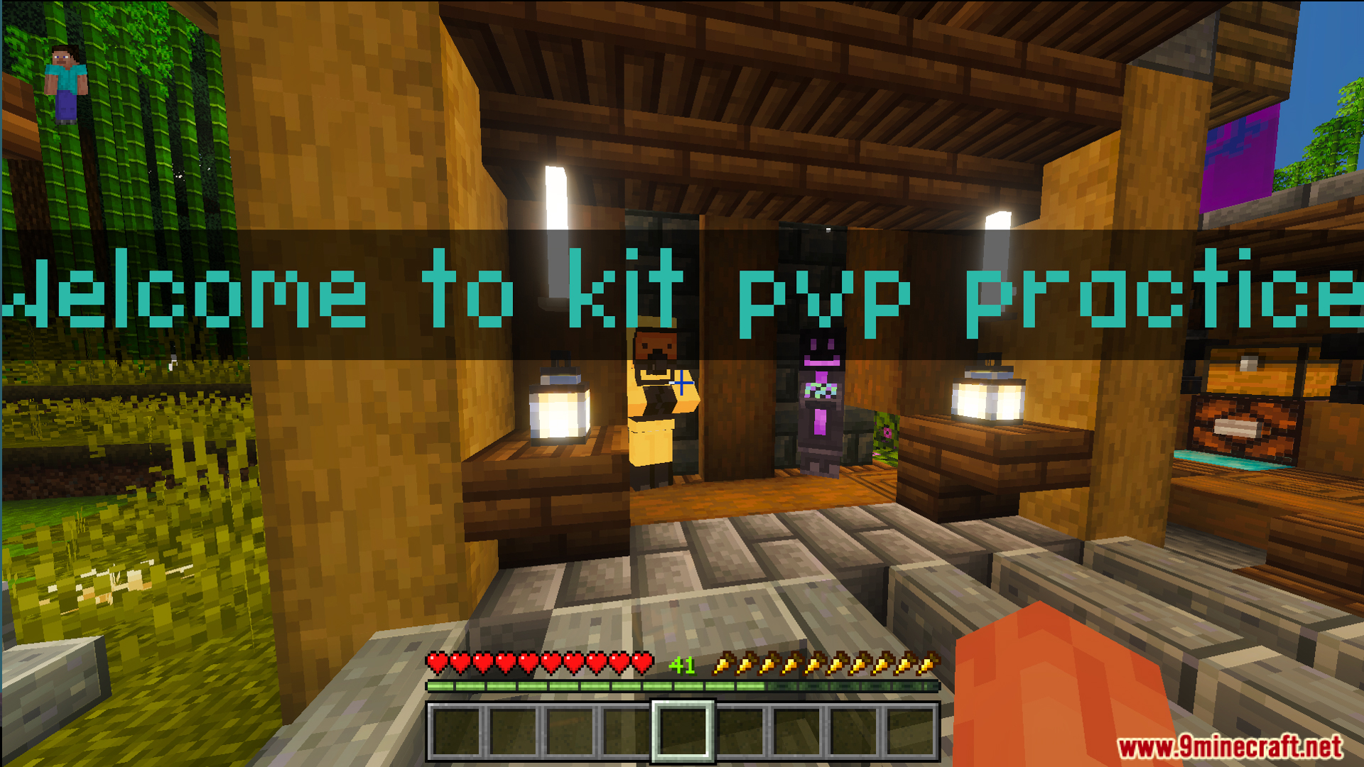 Welcome screen for Modern kit pvp practice map featuring a wooden lobby area