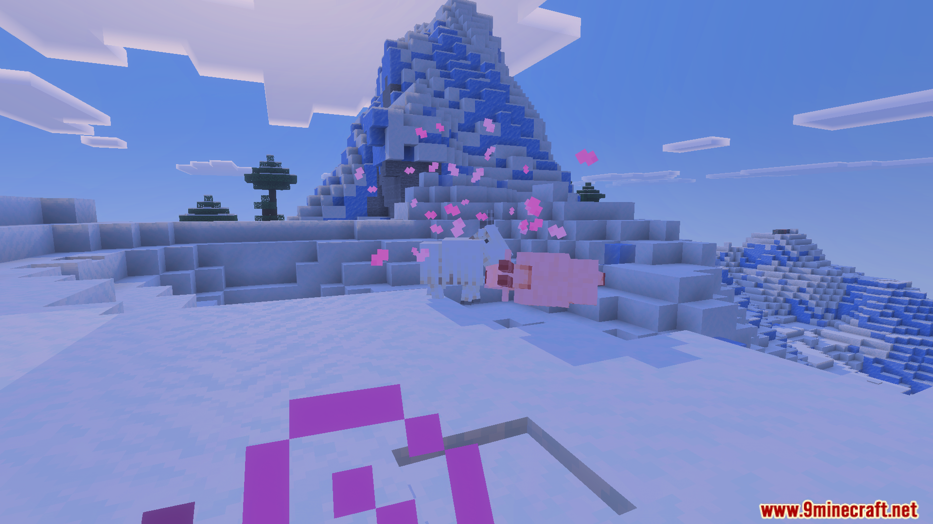 More Vanilla Tools Complete Addon Screenshot 8 Two mobs interact with pink heart particles in a snowy mountain biome