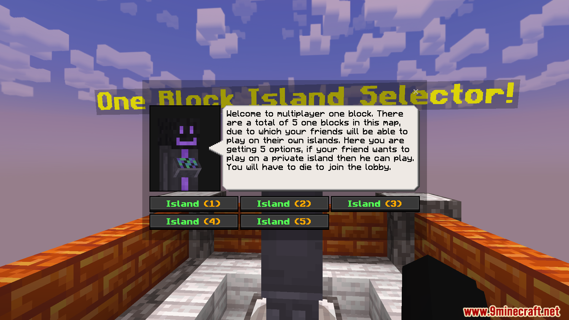 Multiplayer One Block Map Screenshot 3 Choose from five different starting islands using the lobby NPC selector