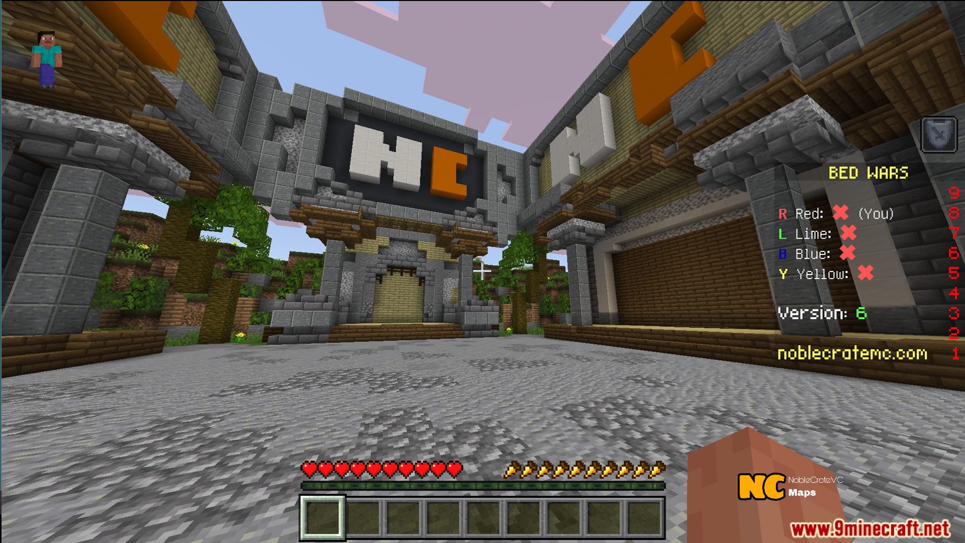 NC Practice Bed Wars Map Screenshot 1 Lobby area of NC Practice Bed Wars Map with a team scoreboard