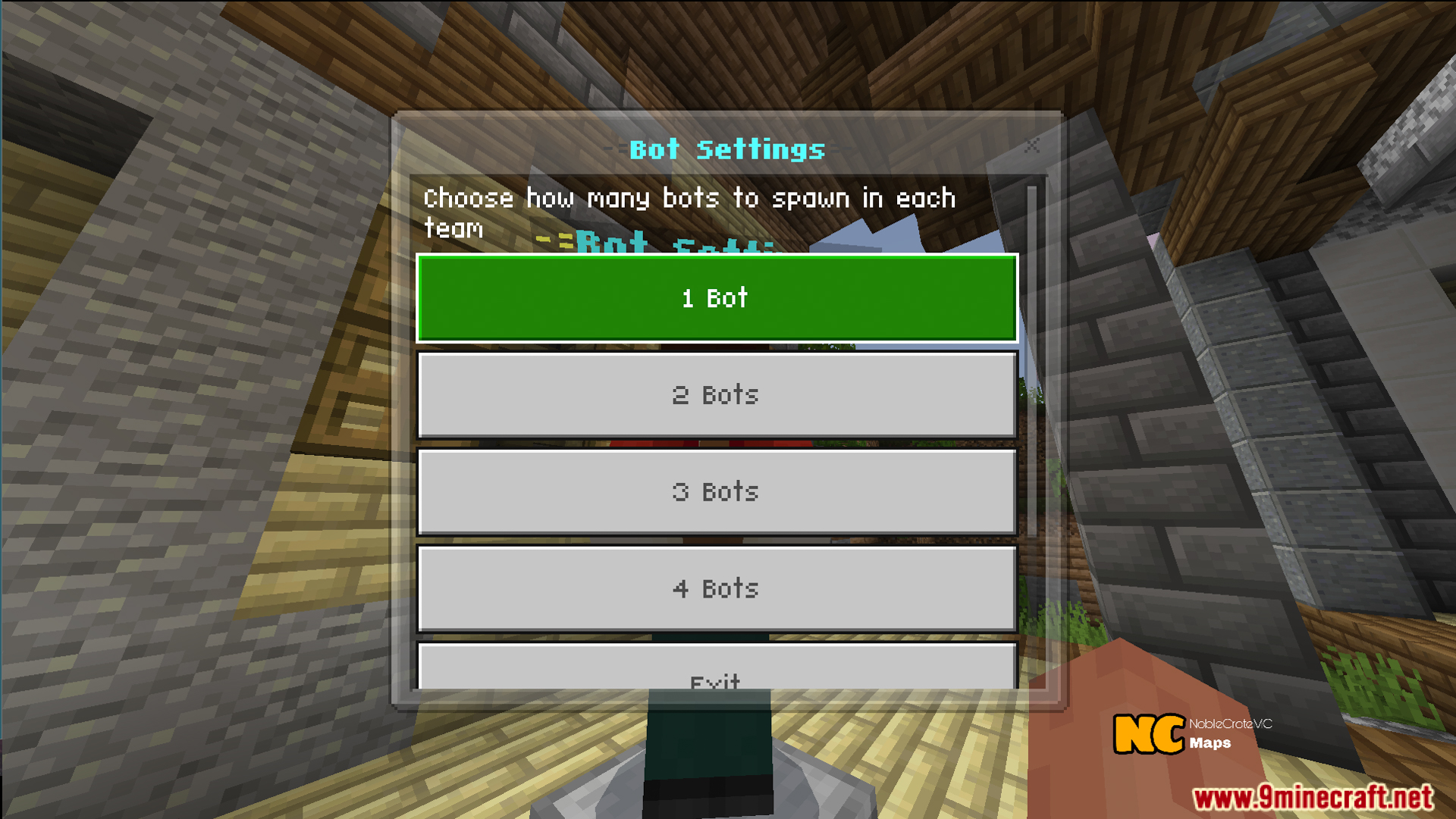 NC Practice Bed Wars Map Screenshot 2 Menu screen for choosing the number of bots to spawn in teams