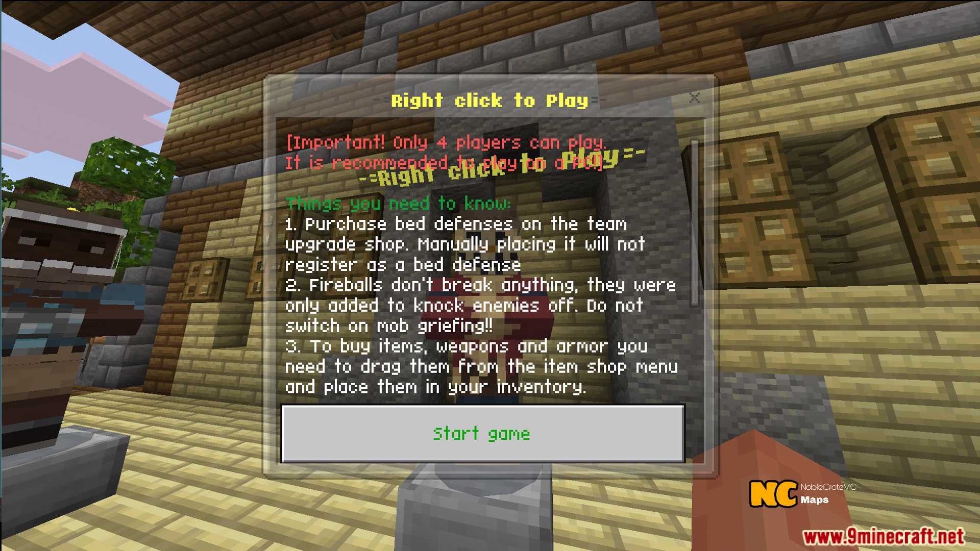 NC Practice Bed Wars Map Screenshot 4 Start game interface showing important rules and instructions for the practice match