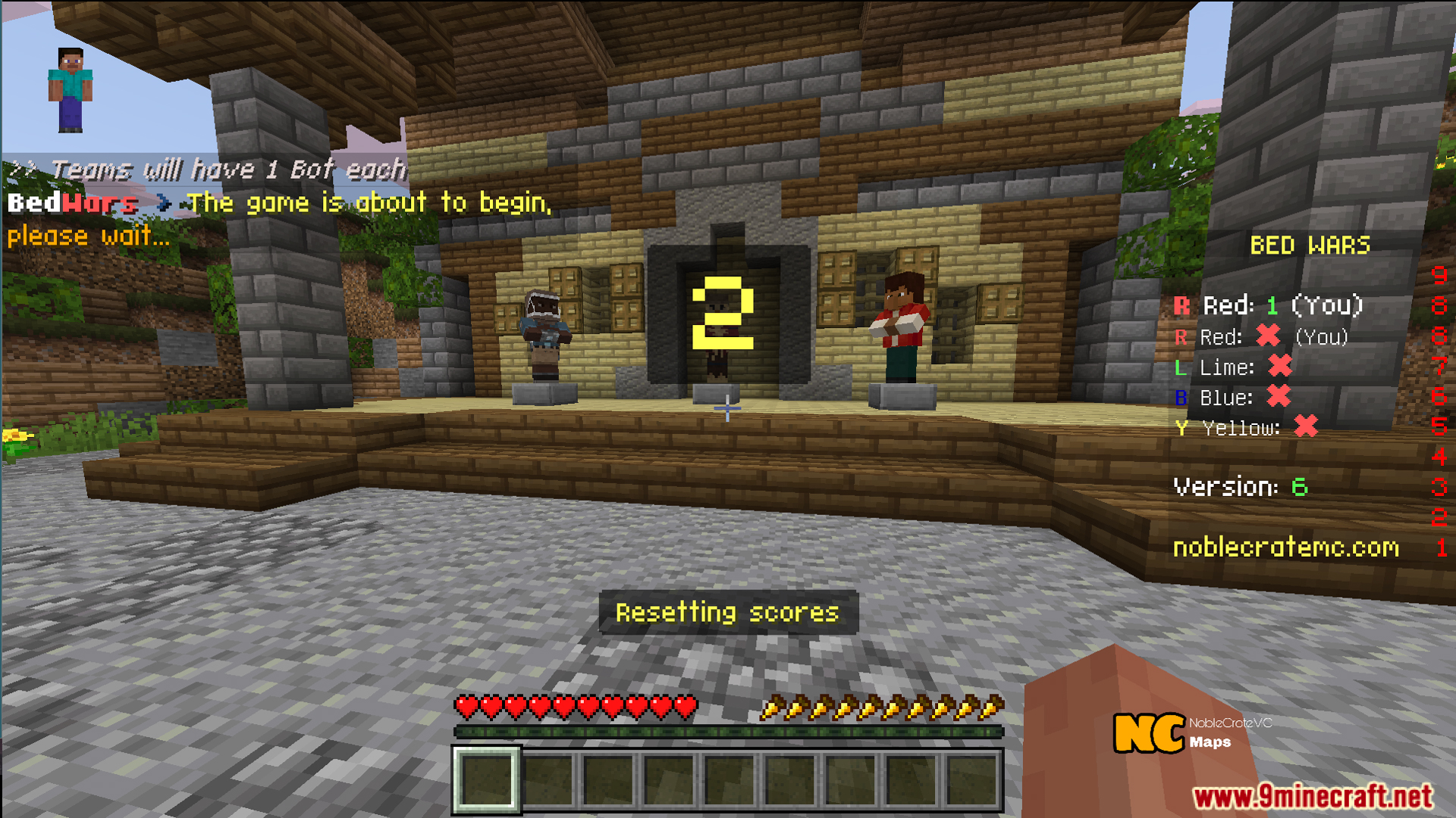 NC Practice Bed Wars Map Screenshot 5 Lobby area for NC Practice Bed Wars Map with countdown and scoreboard