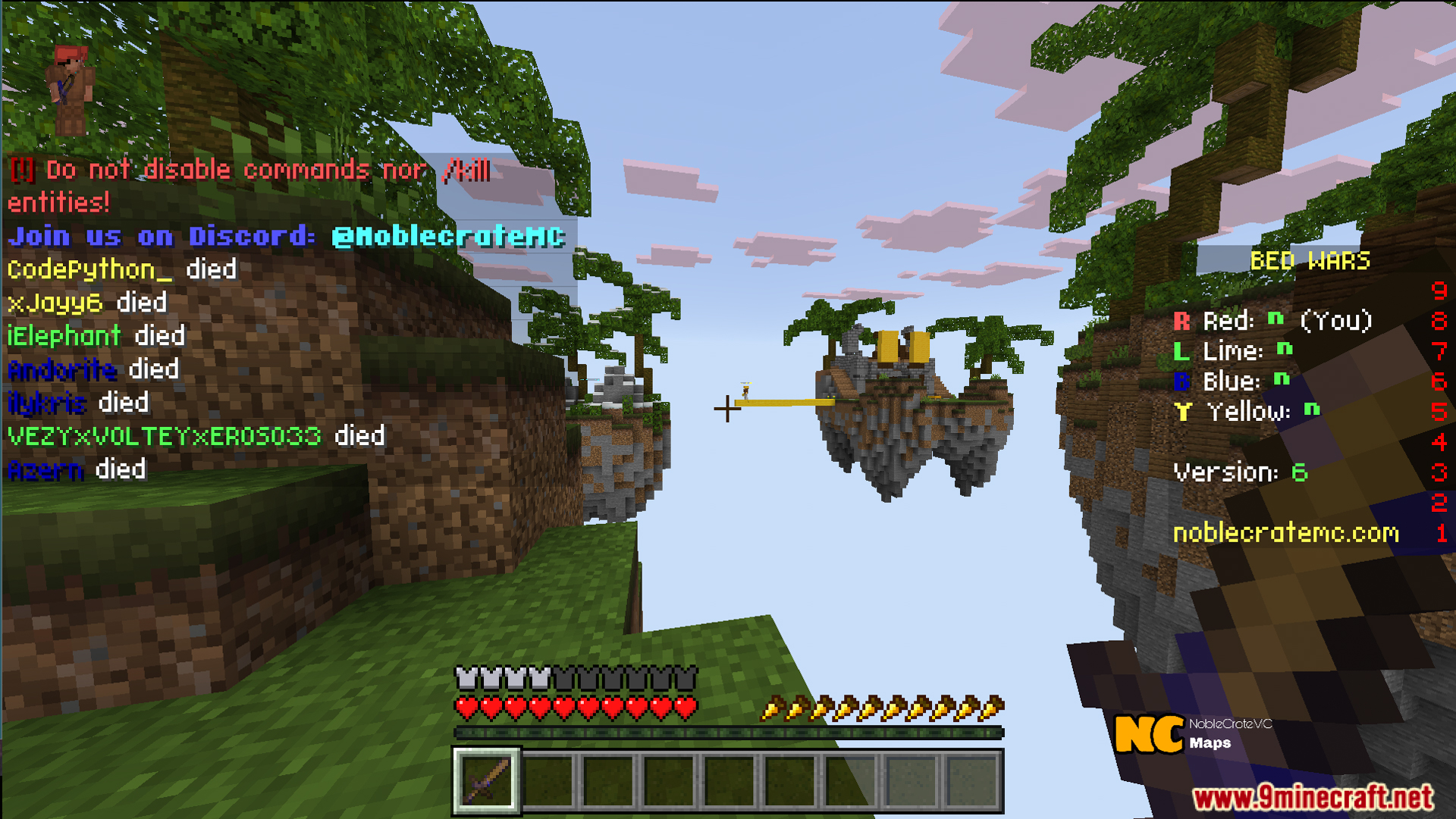 NC Practice Bed Wars Map Screenshot 6 Player holding a sword on floating islands during a Bed Wars match
