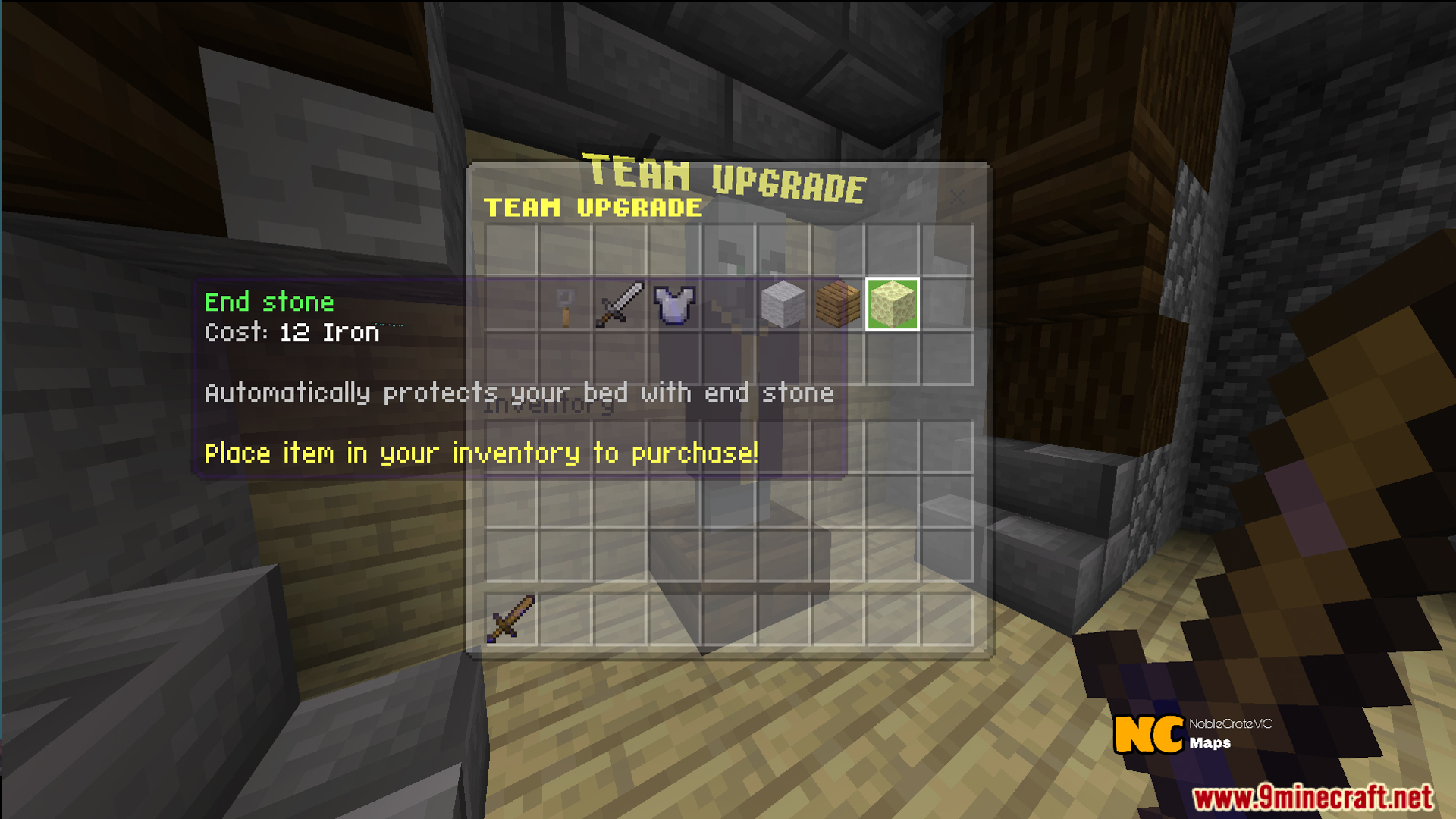 NC Practice Bed Wars Map Screenshot 7 Minecraft player browsing the team upgrade shop for bed defense items