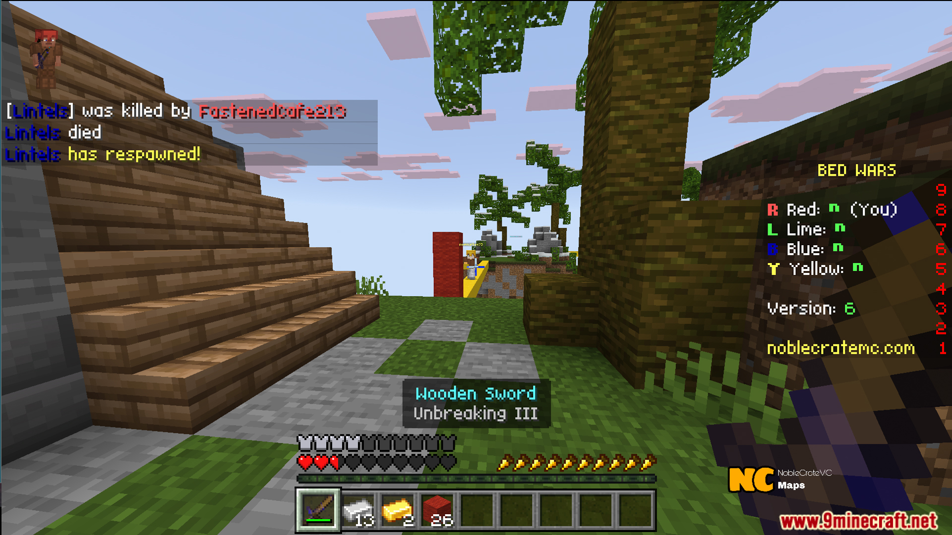 NC Practice Bed Wars Map Screenshot 9 Player holding wooden sword on a floating island in NC Practice Bed Wars