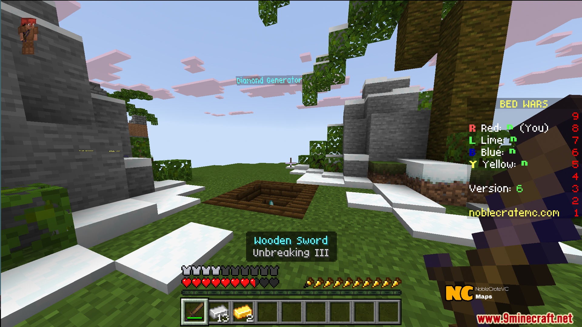 NC Practice Bed Wars Map Screenshot 10 Player standing near a diamond generator on a snowy floating island in Minecraft